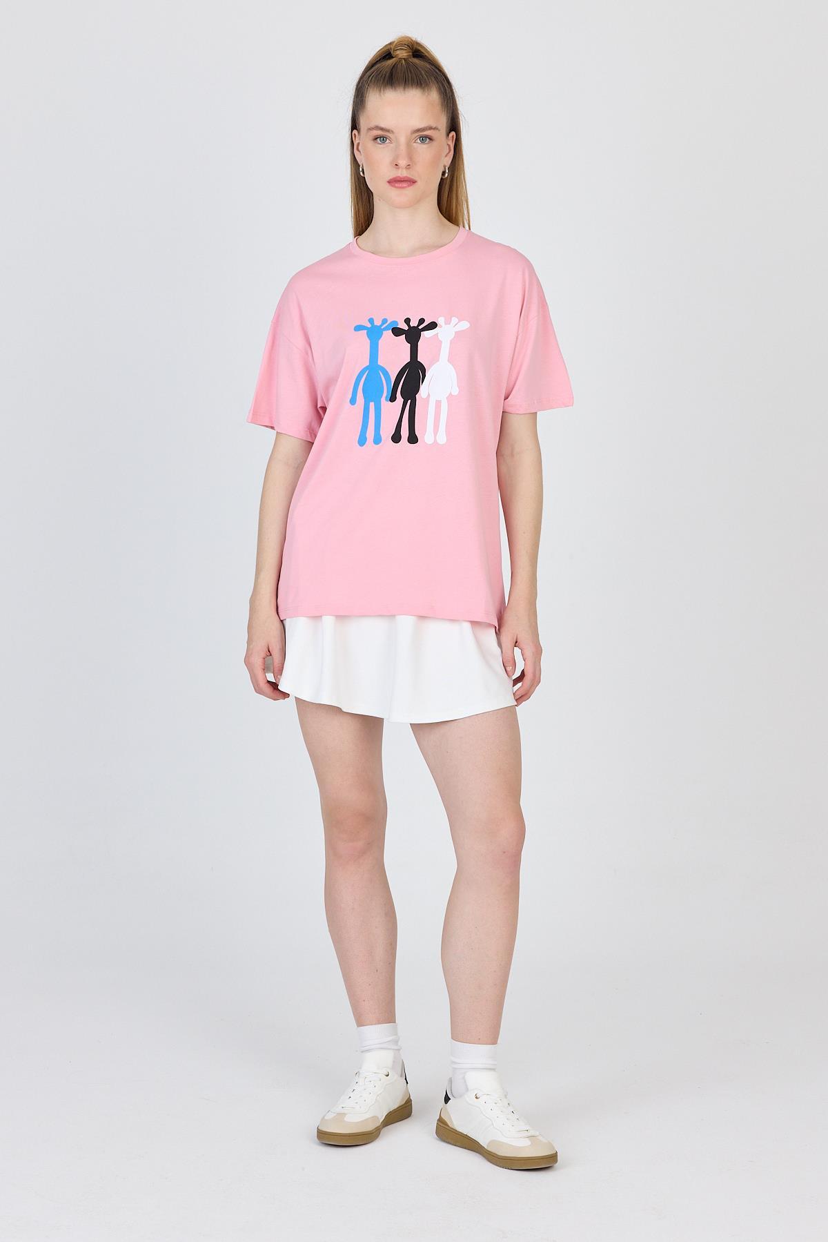 Pembe Oversize Zürafa Baskılı Tişört 2150-12M - 3