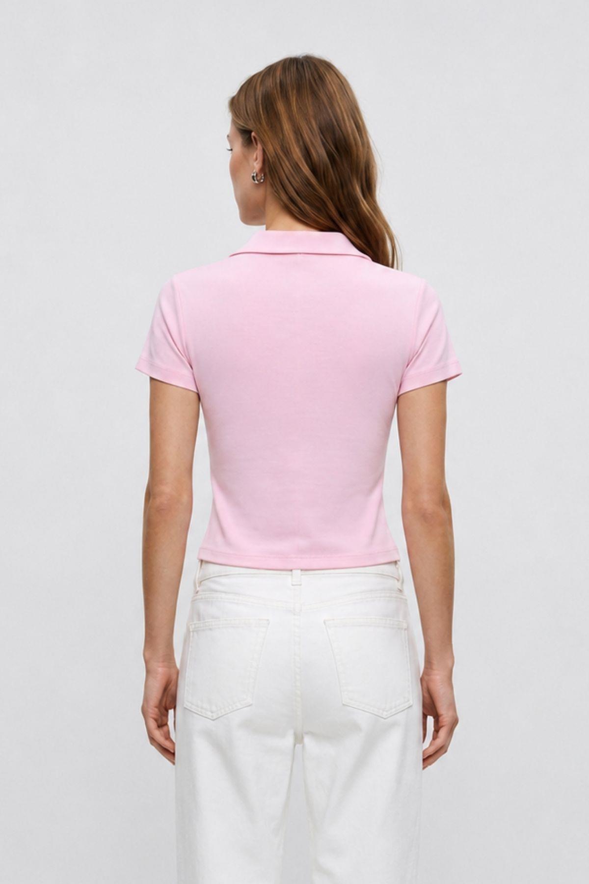 Polo Yaka Kısa Kol Crop Tişört 26651 Pembe - RAYS