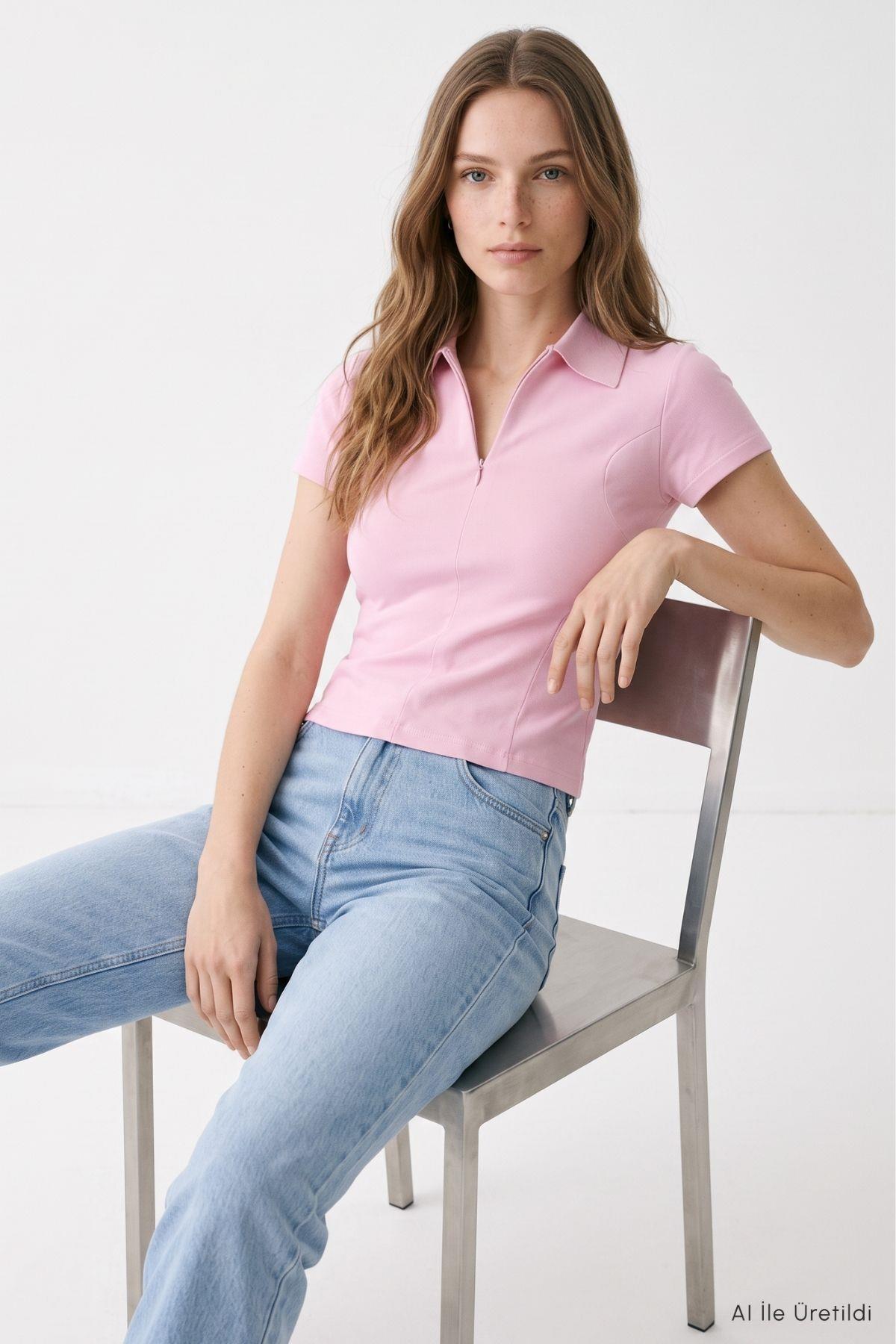 Polo Yaka Kısa Kol Crop Tişört 26651 Pembe - RAYS