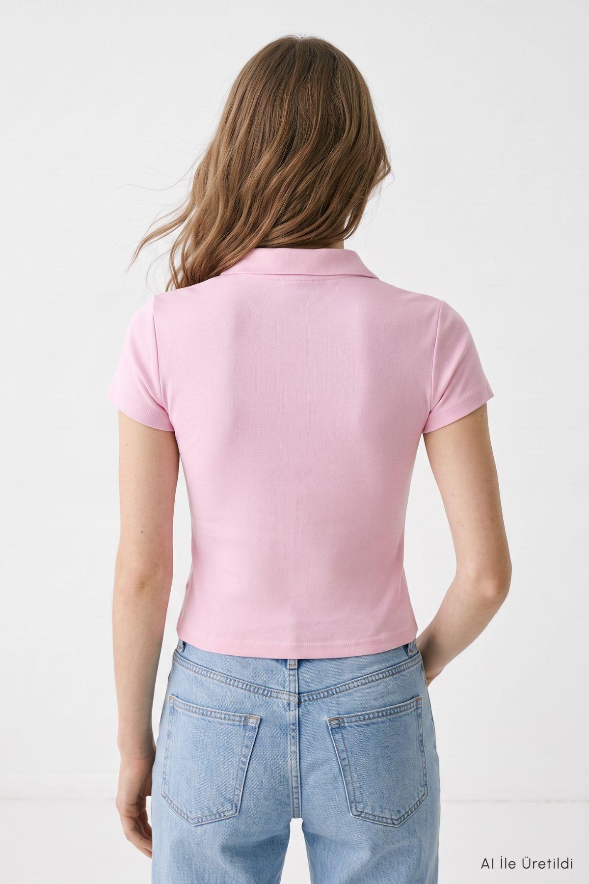 Polo Yaka Kısa Kol Crop Tişört 26651 Pembe - RAYS