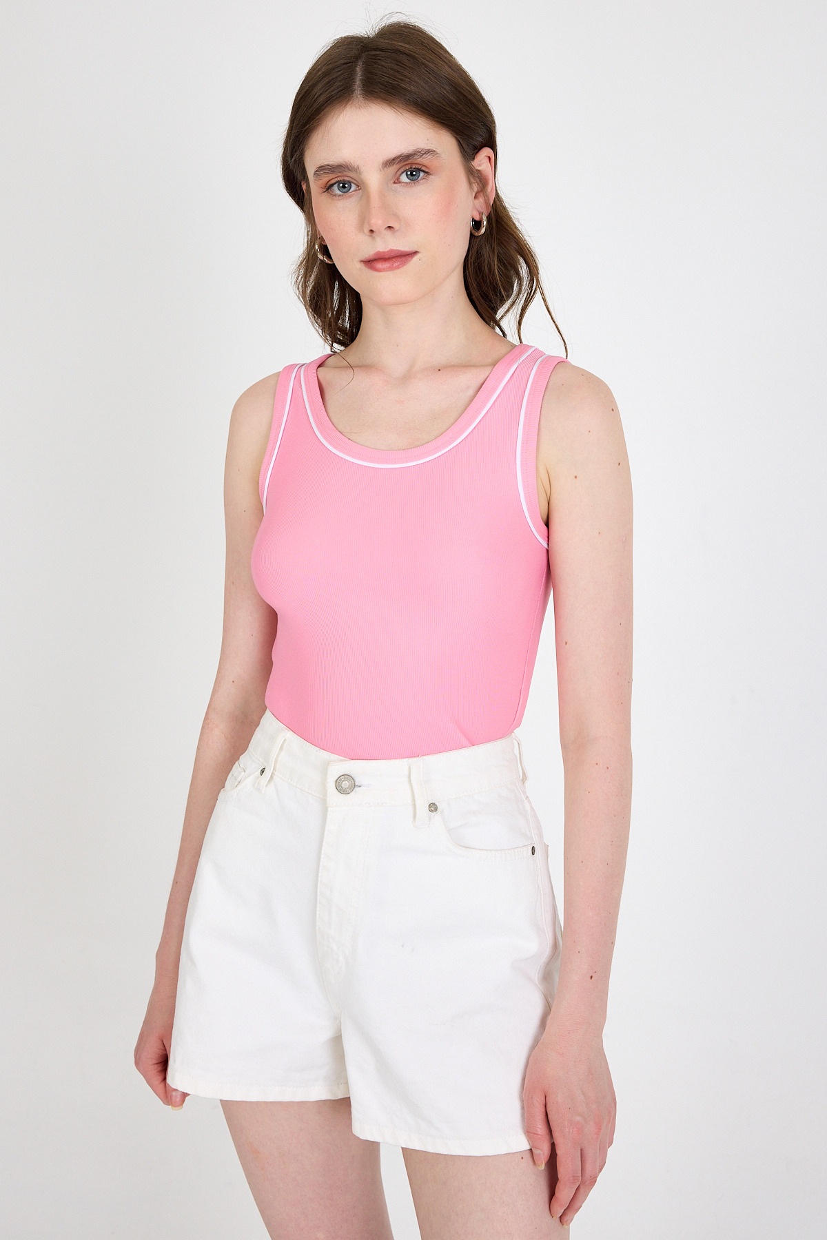Pembe Şerit Detaylı Örme Crop Atlet 1049 - 2