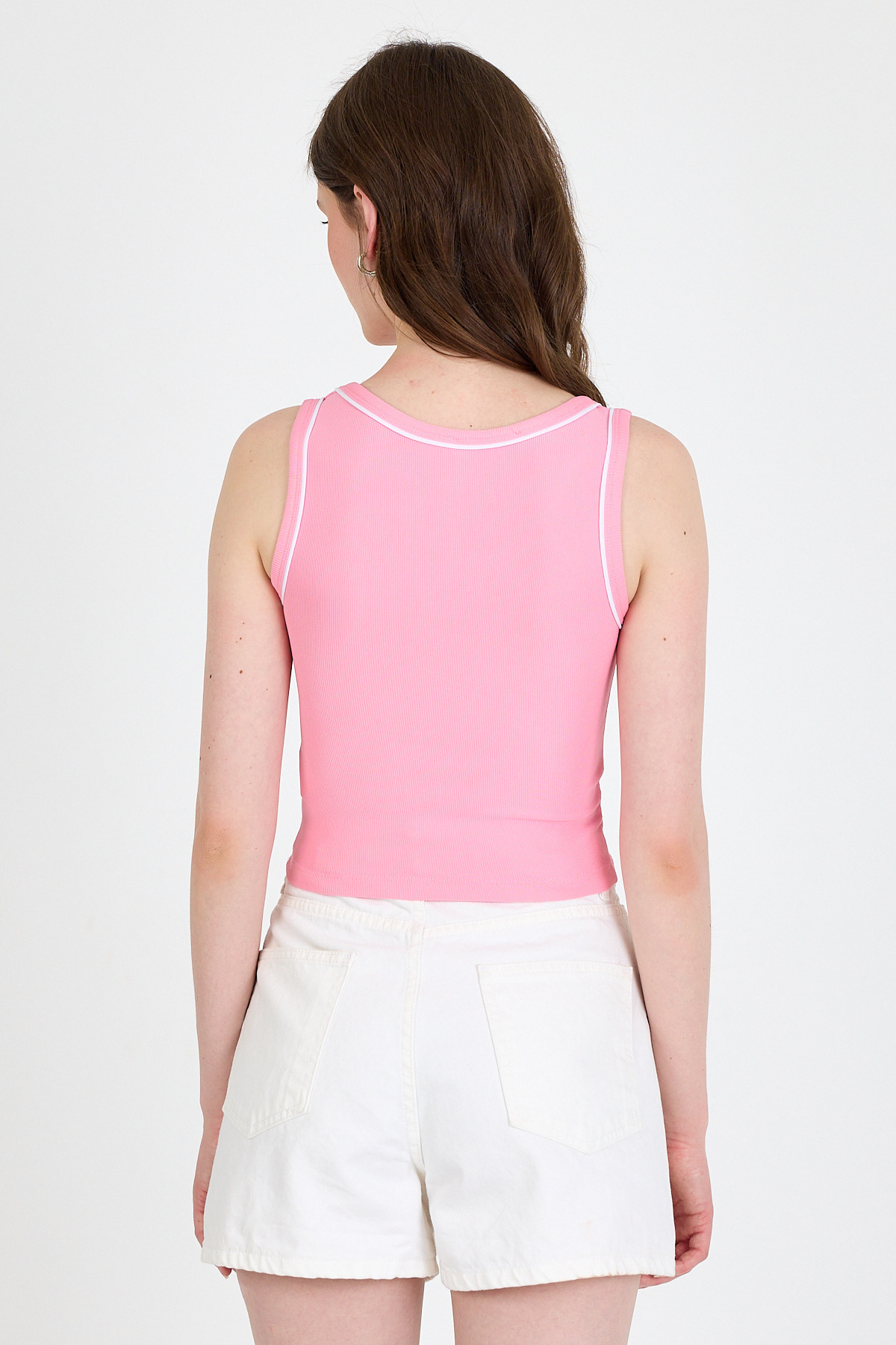 Pembe Şerit Detaylı Örme Crop Atlet 1049 - 5