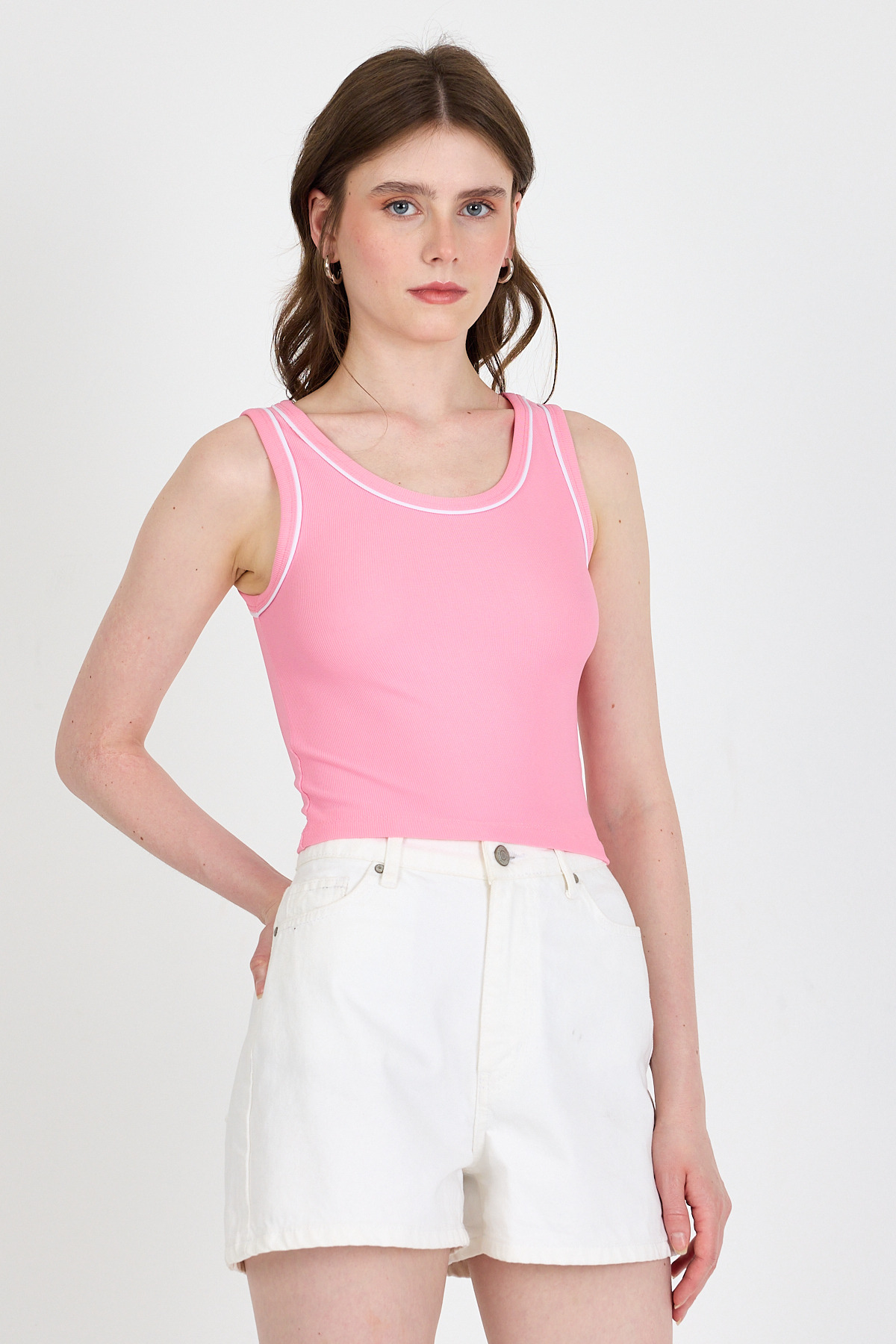 Pembe Şerit Detaylı Örme Crop Atlet 1049 - 6