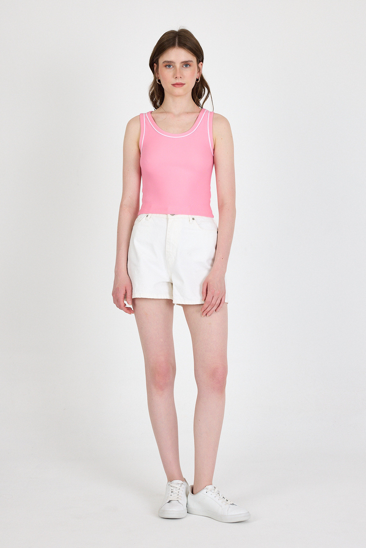 Pembe Şerit Detaylı Örme Crop Atlet 1049 - 3