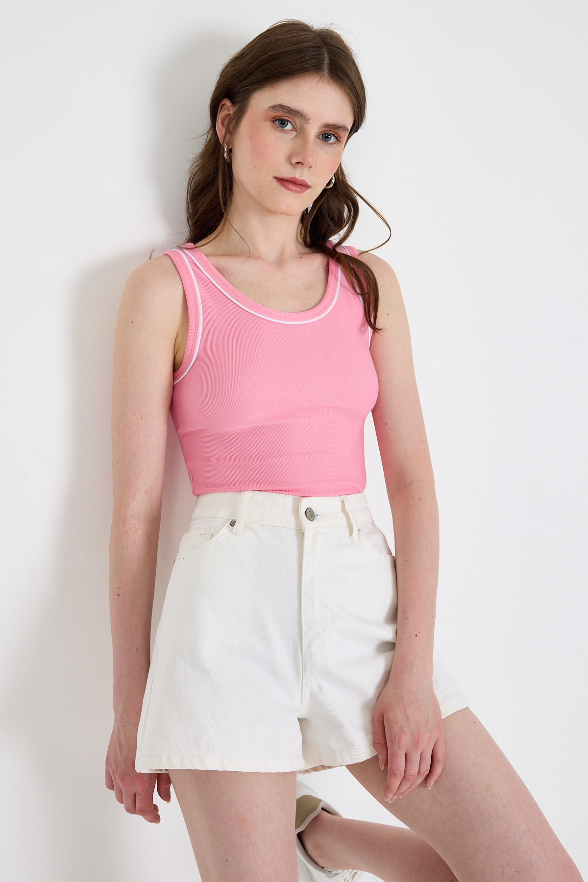 Pembe Şerit Detaylı Örme Crop Atlet 1049 - 1