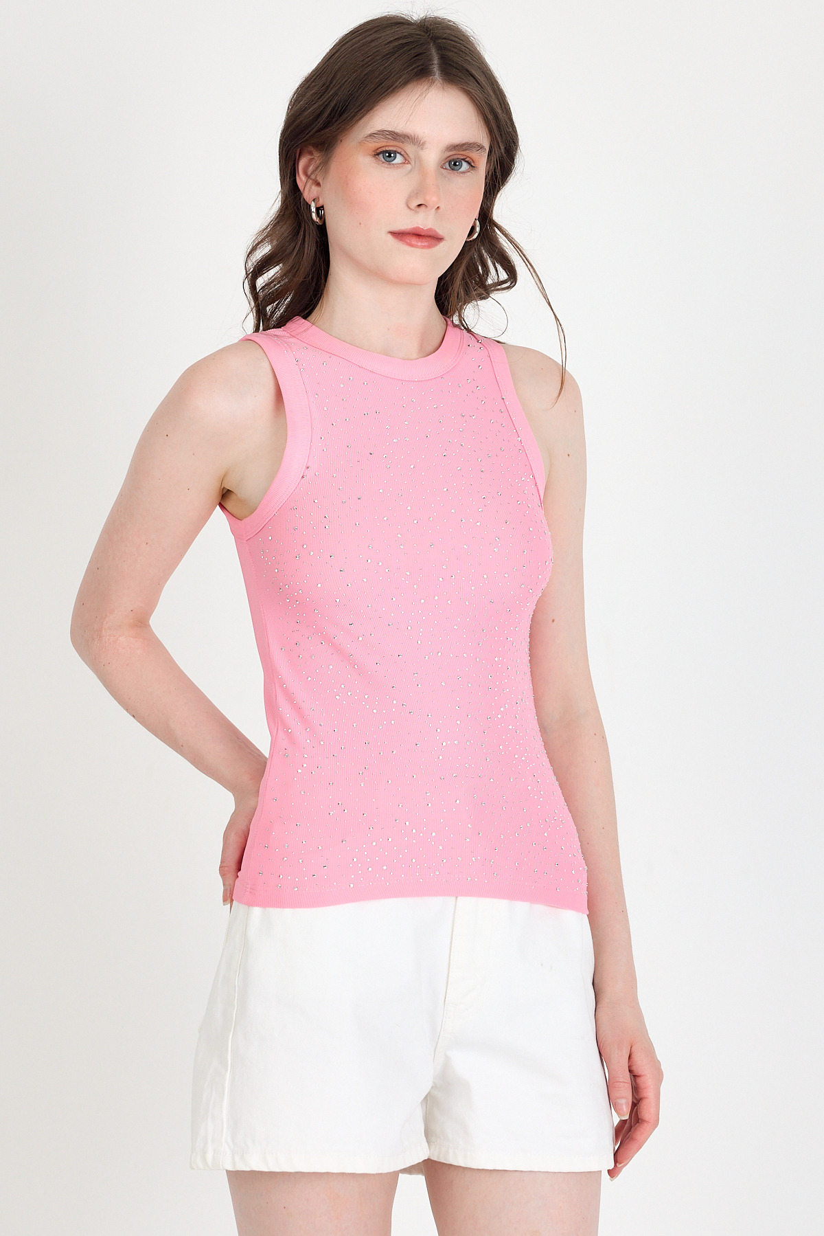 Pembe Taş İşleme Detaylı Halter Yaka Örme Atlet 0349 - 2