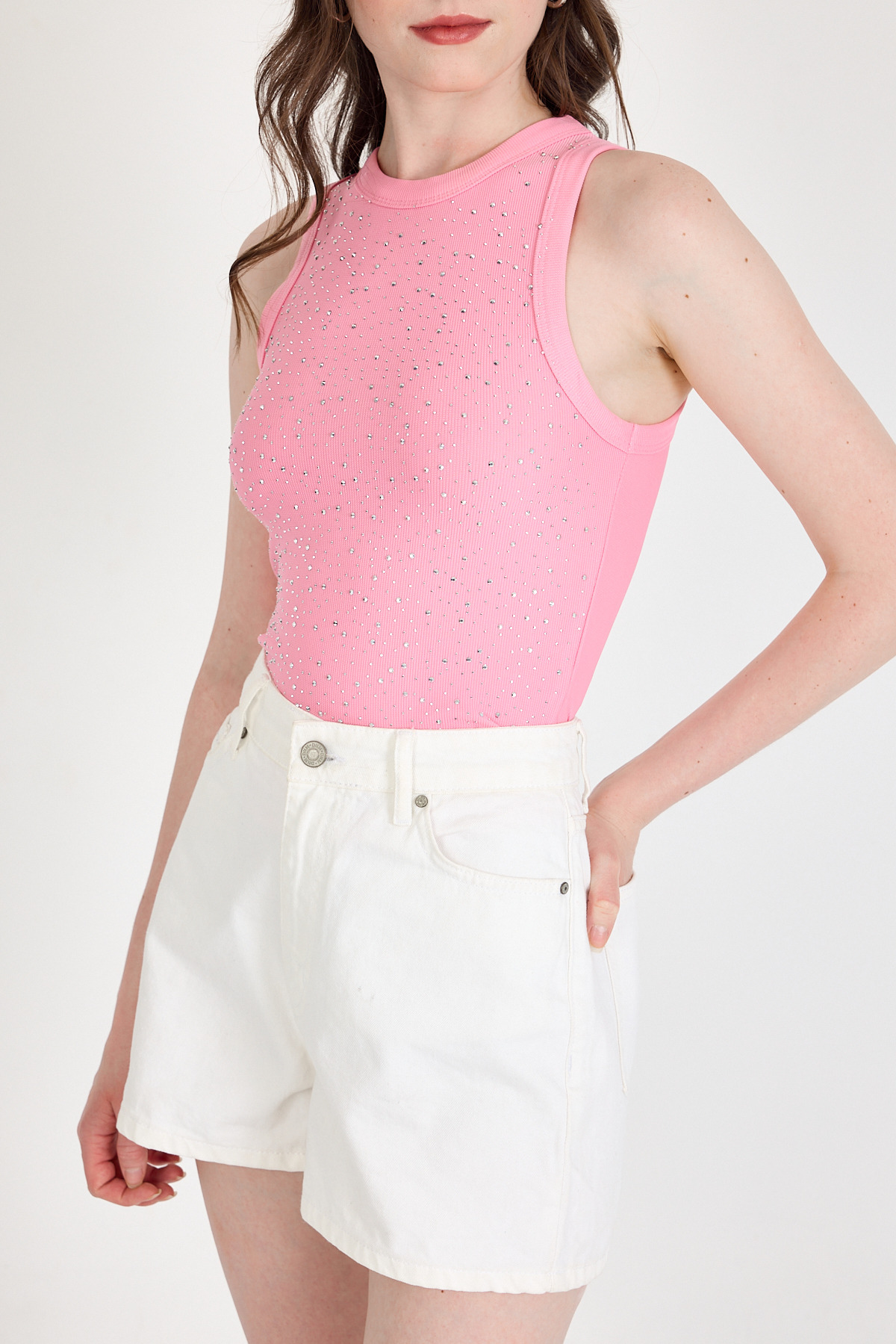 Pembe Taş İşleme Detaylı Halter Yaka Örme Atlet 0349 - 3