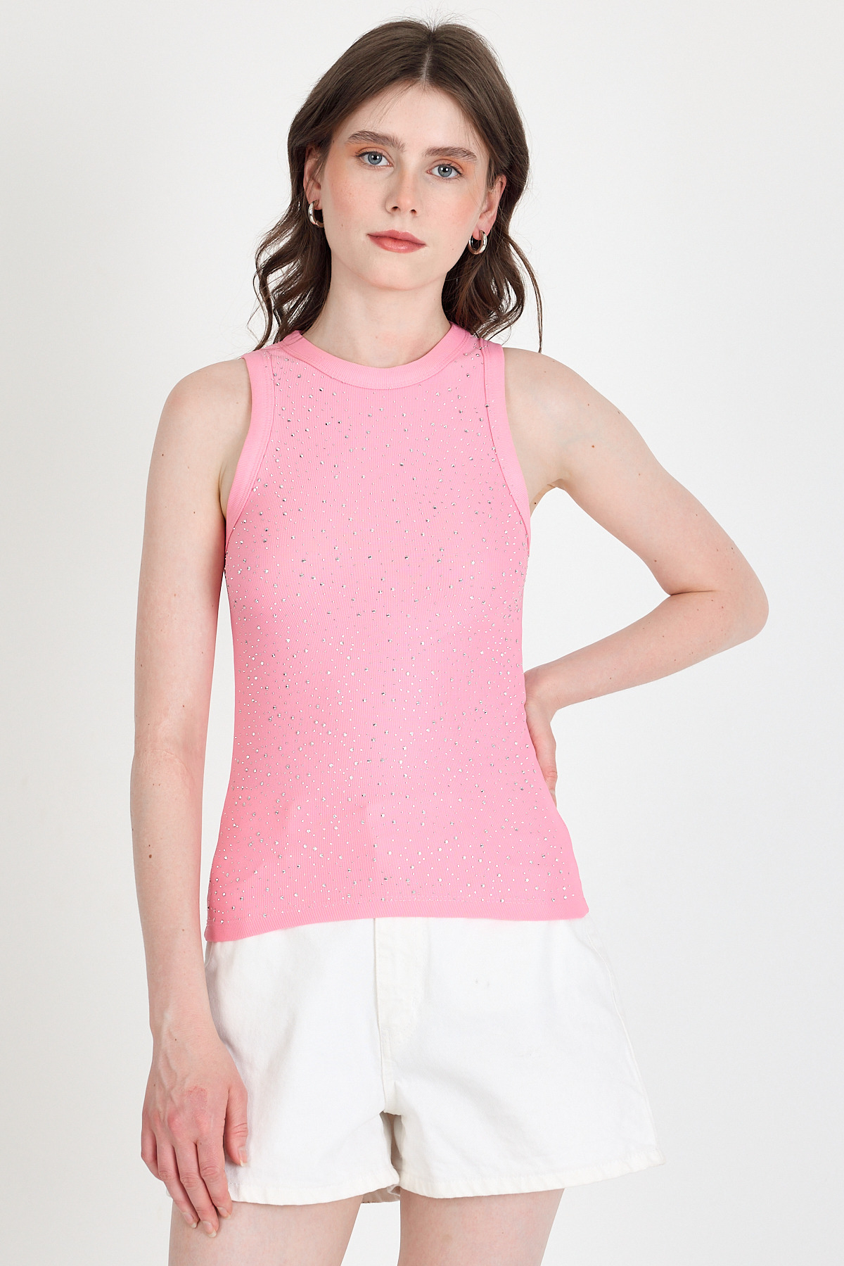 Pembe Taş İşleme Detaylı Halter Yaka Örme Atlet 0349 - 6