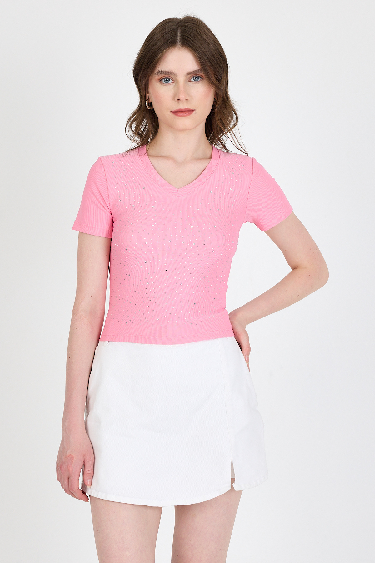 Pembe Taş İşleme Detaylı V Yaka Slim Fit Tişört 0949 