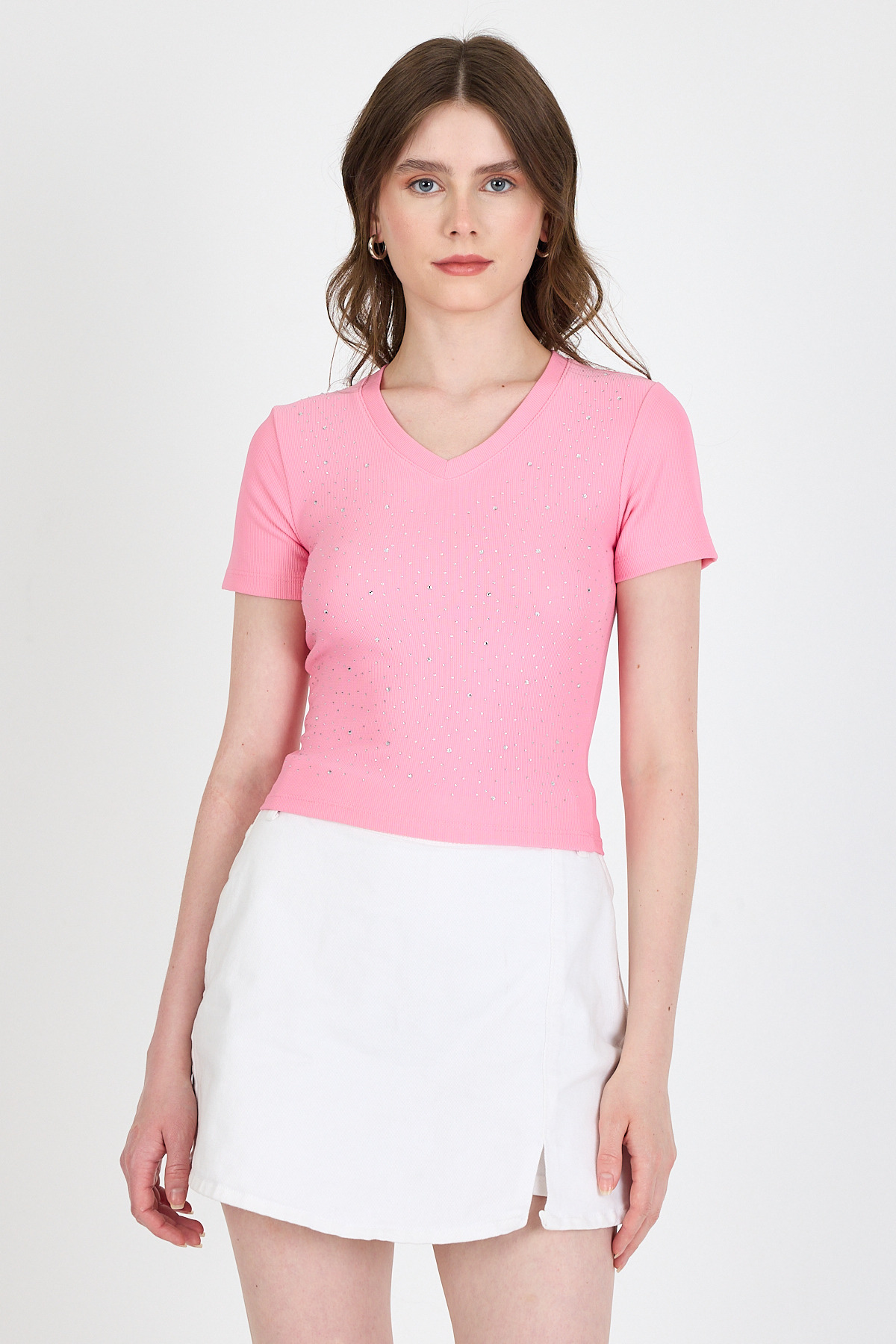 Pembe Taş İşleme Detaylı V Yaka Slim Fit Tişört 0949 - 2