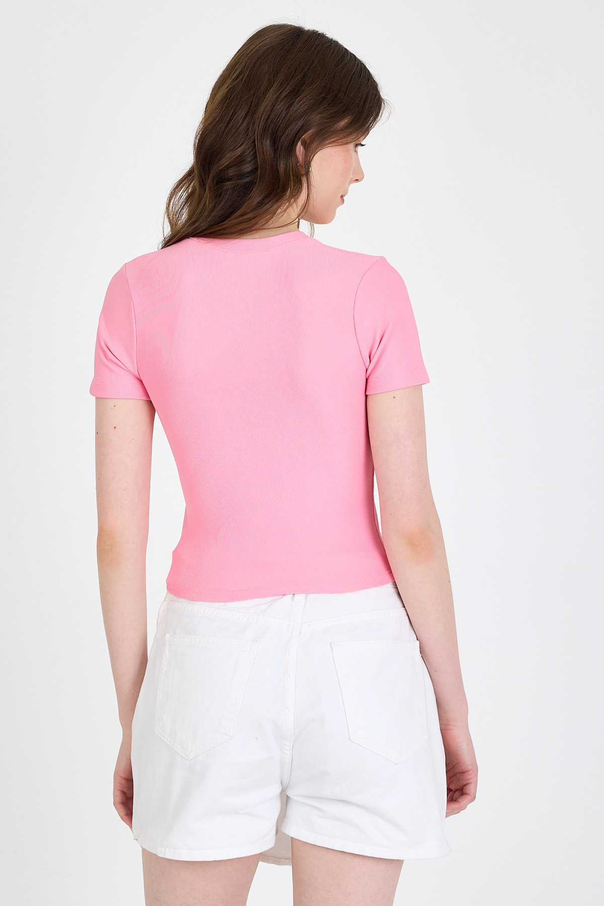 Pembe Taş İşleme Detaylı V Yaka Slim Fit Tişört 0949 - 5