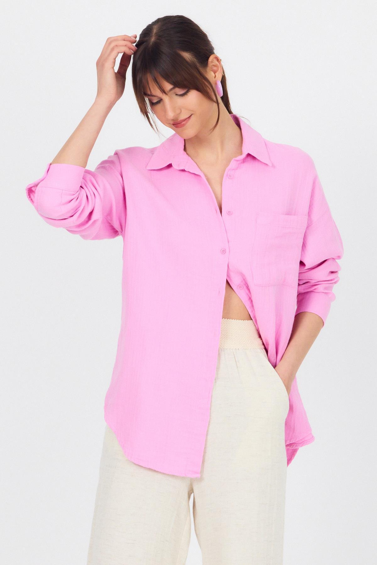 Pembe Tek Cepli %100 Pamuk Oversize Müslin Gömlek 4697A - 1