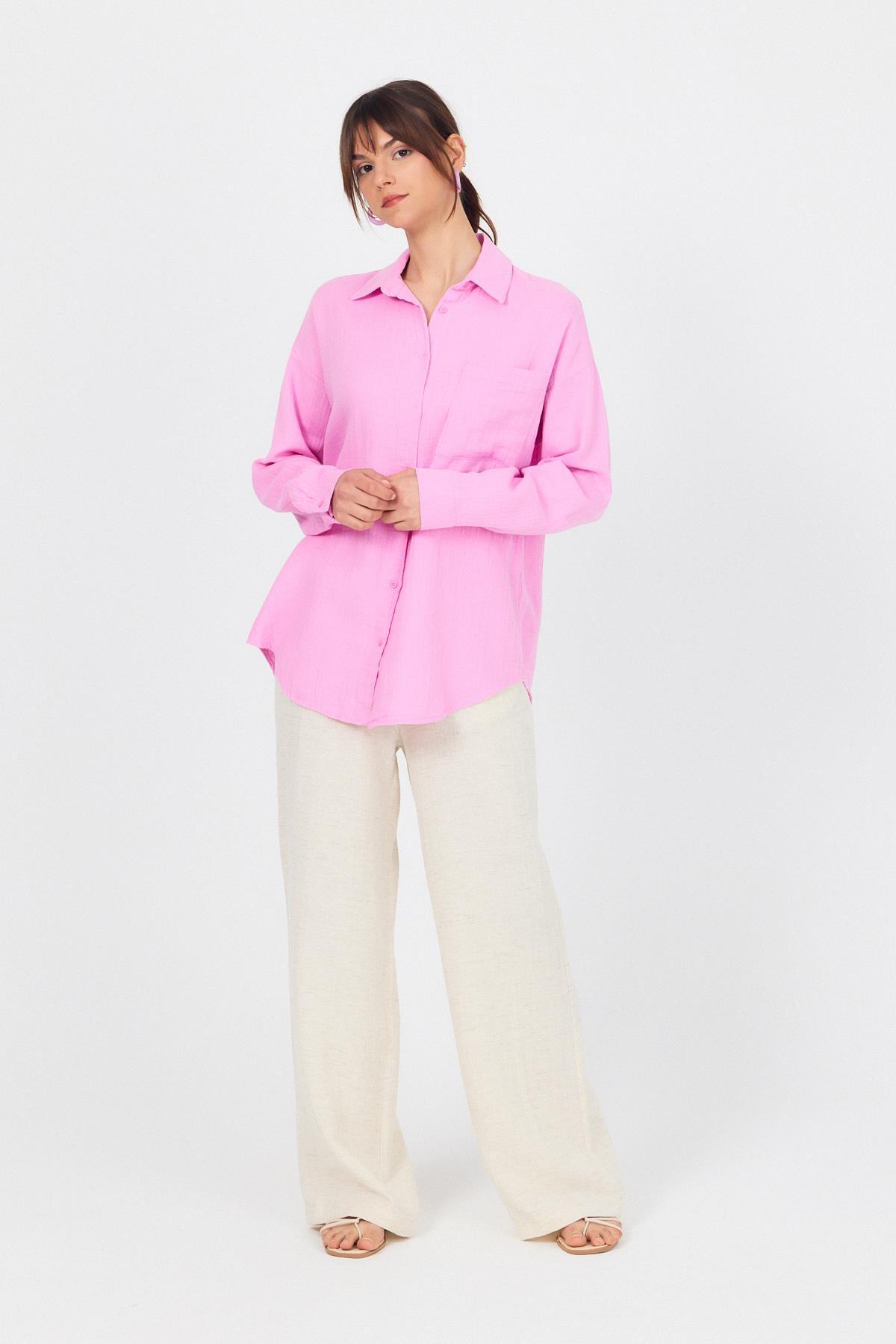 Pembe Tek Cepli %100 Pamuk Oversize Müslin Gömlek 4697A - 3