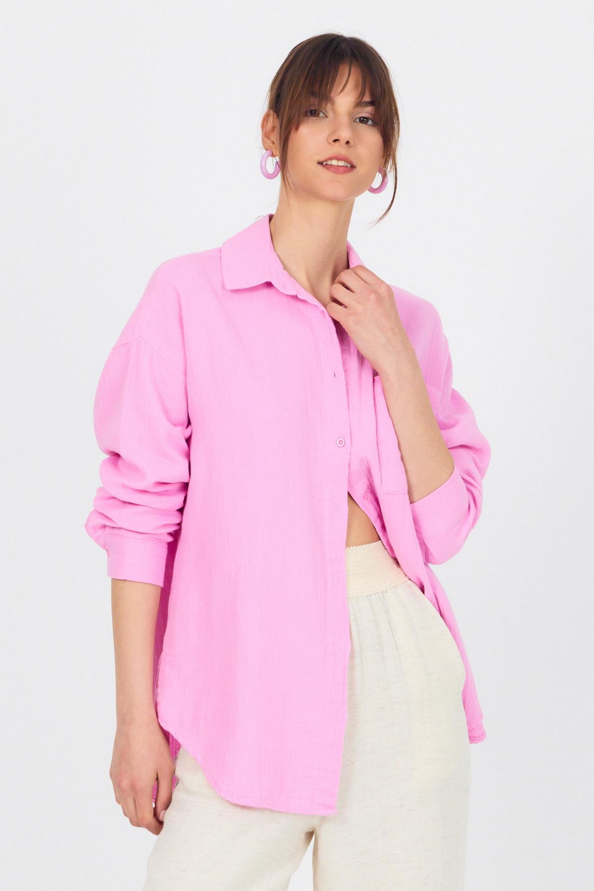 Pembe Tek Cepli %100 Pamuk Oversize Müslin Gömlek 4697A - 4