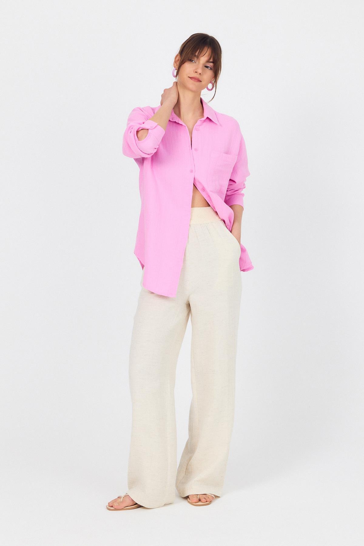 Pembe Tek Cepli %100 Pamuk Oversize Müslin Gömlek 4697A - 2