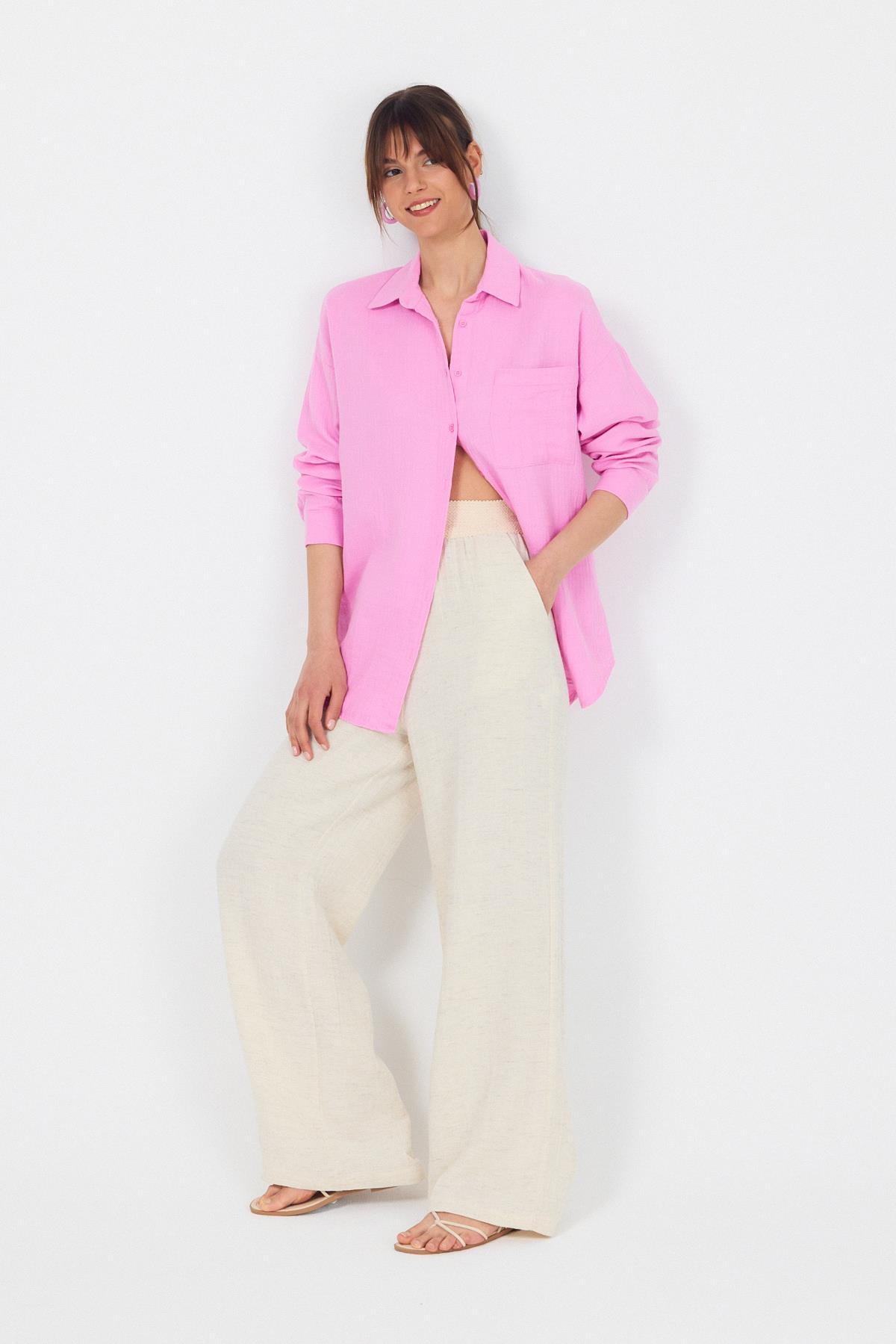 Pembe Tek Cepli %100 Pamuk Oversize Müslin Gömlek 4697A - 6