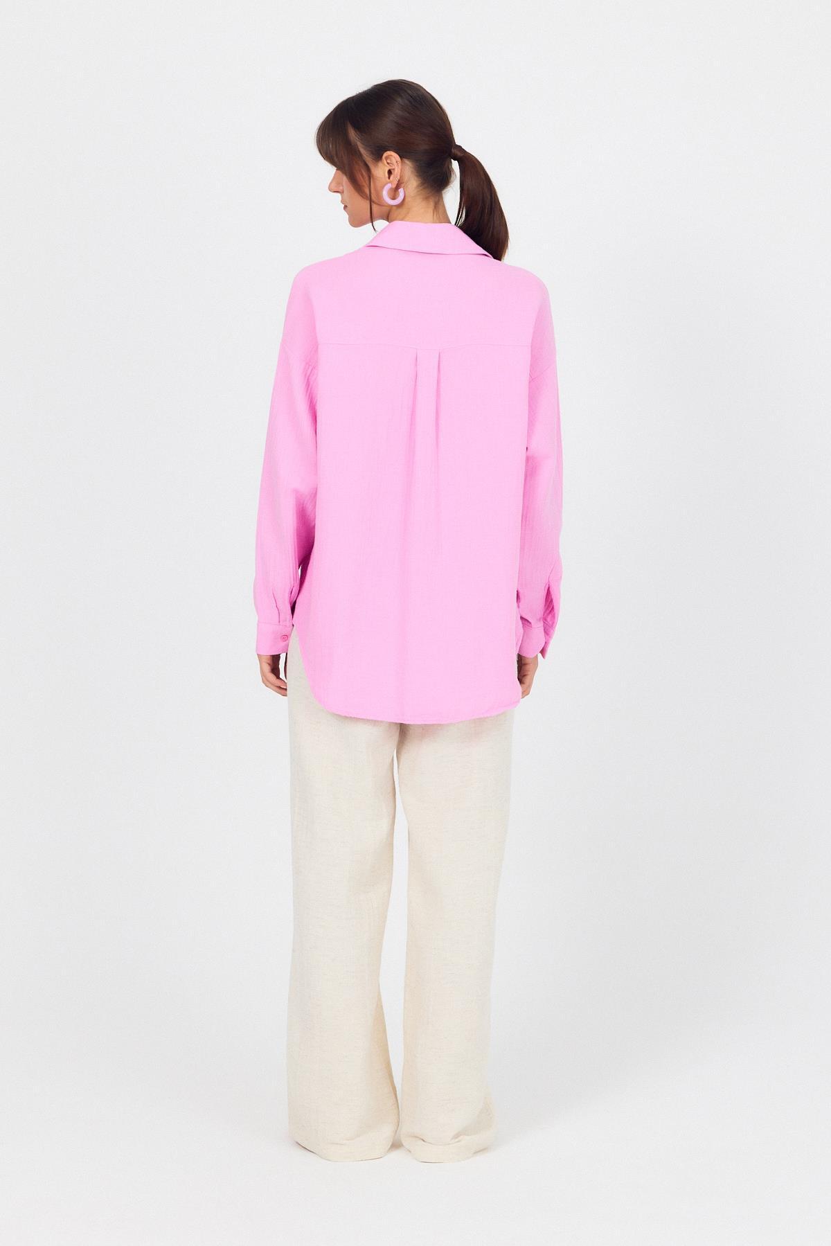 Pembe Tek Cepli %100 Pamuk Oversize Müslin Gömlek 4697A - 5
