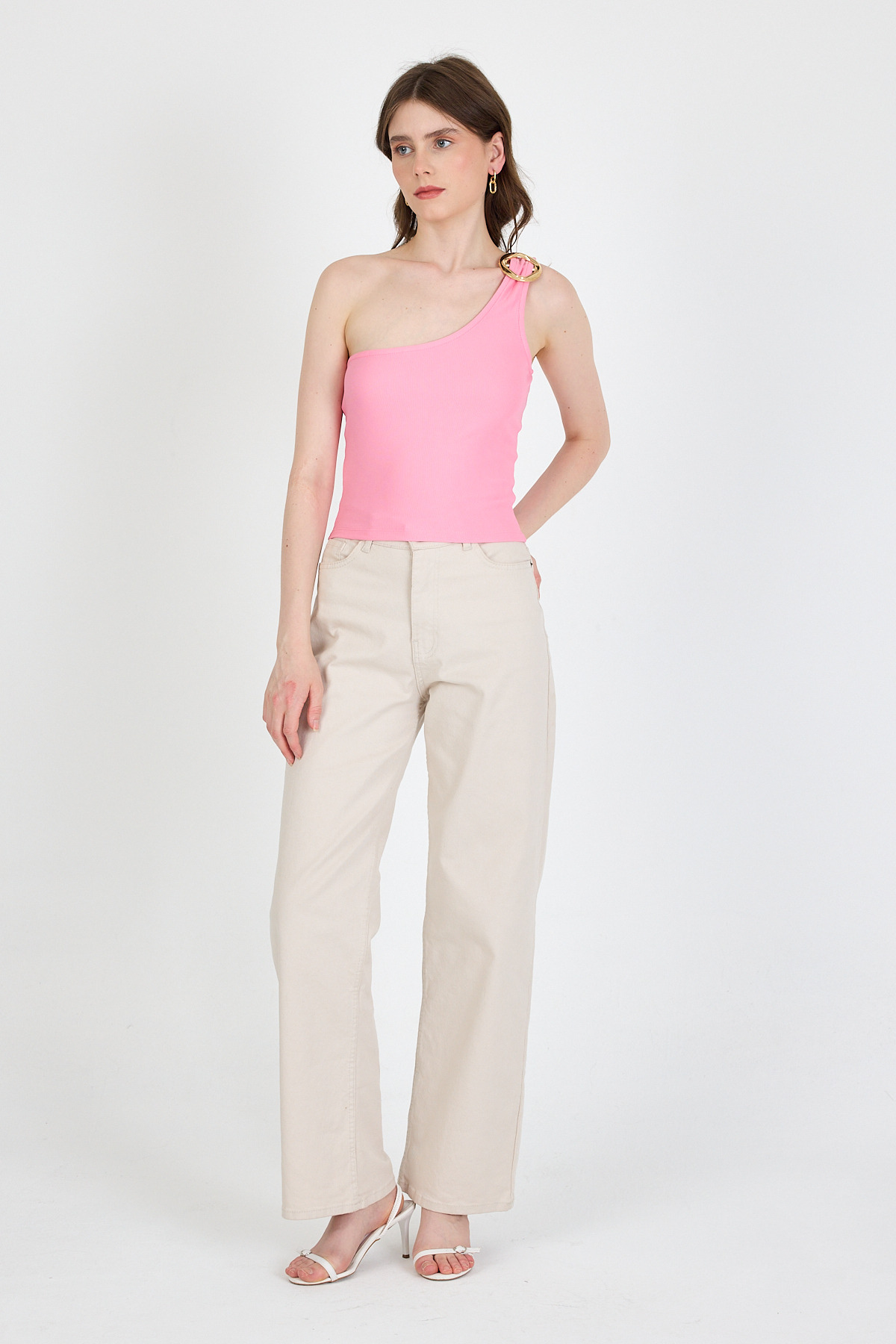 Pembe Toka Detaylı Tek Omuz Bluz 1649 - 3