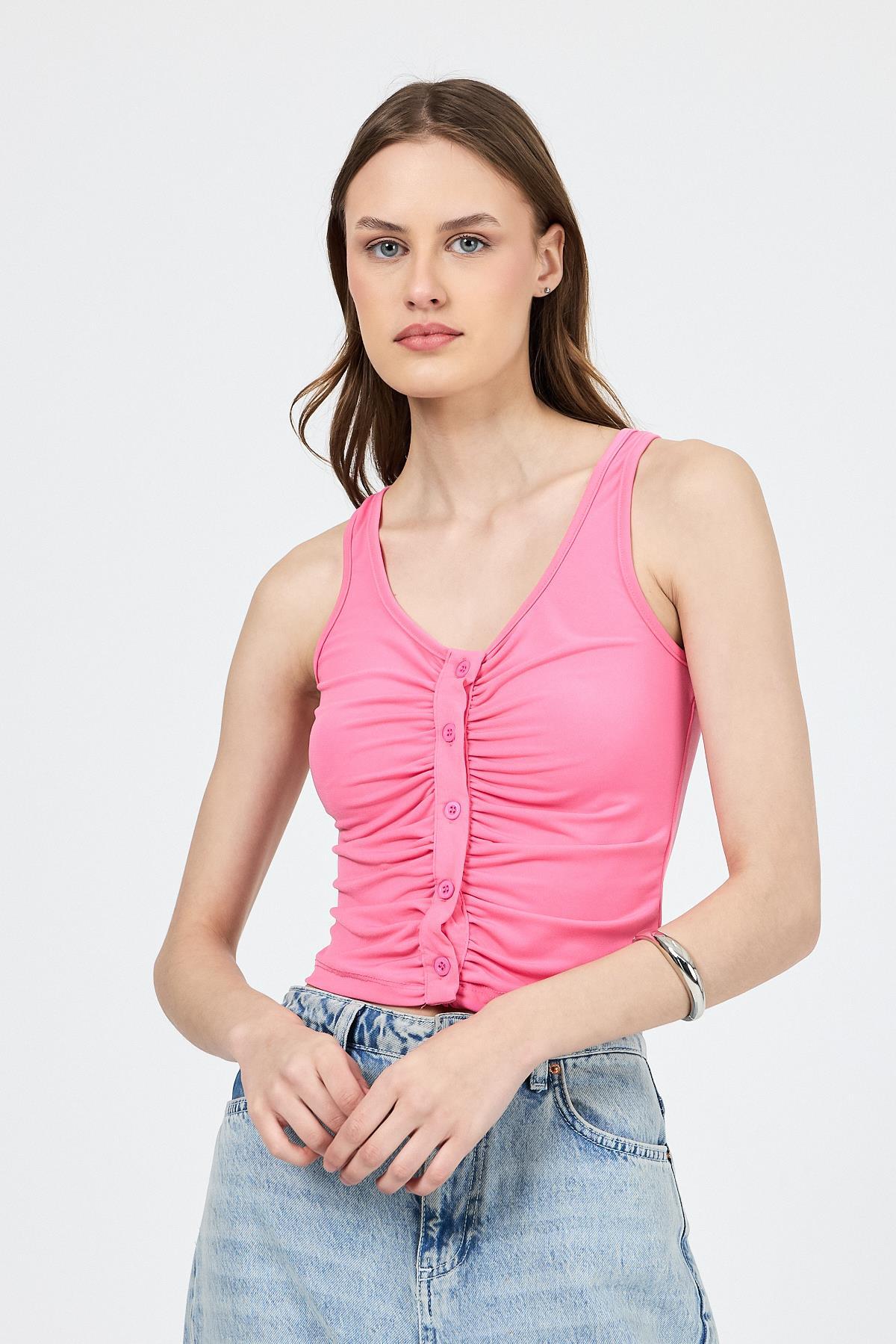 Pembe U Yaka Büzgülü Düğmeli Atlet 13298 - 1