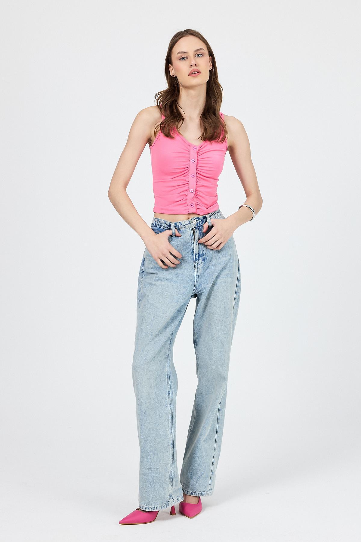 Pembe U Yaka Büzgülü Düğmeli Atlet 13298 - 2