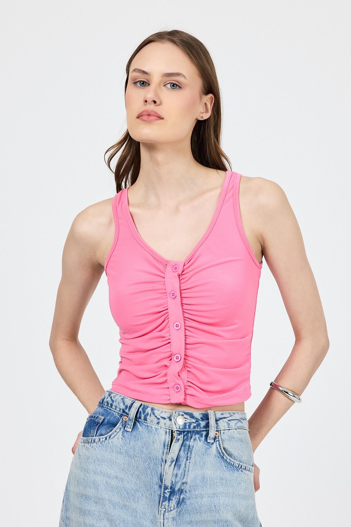 Pembe U Yaka Büzgülü Düğmeli Atlet 13298 - 3