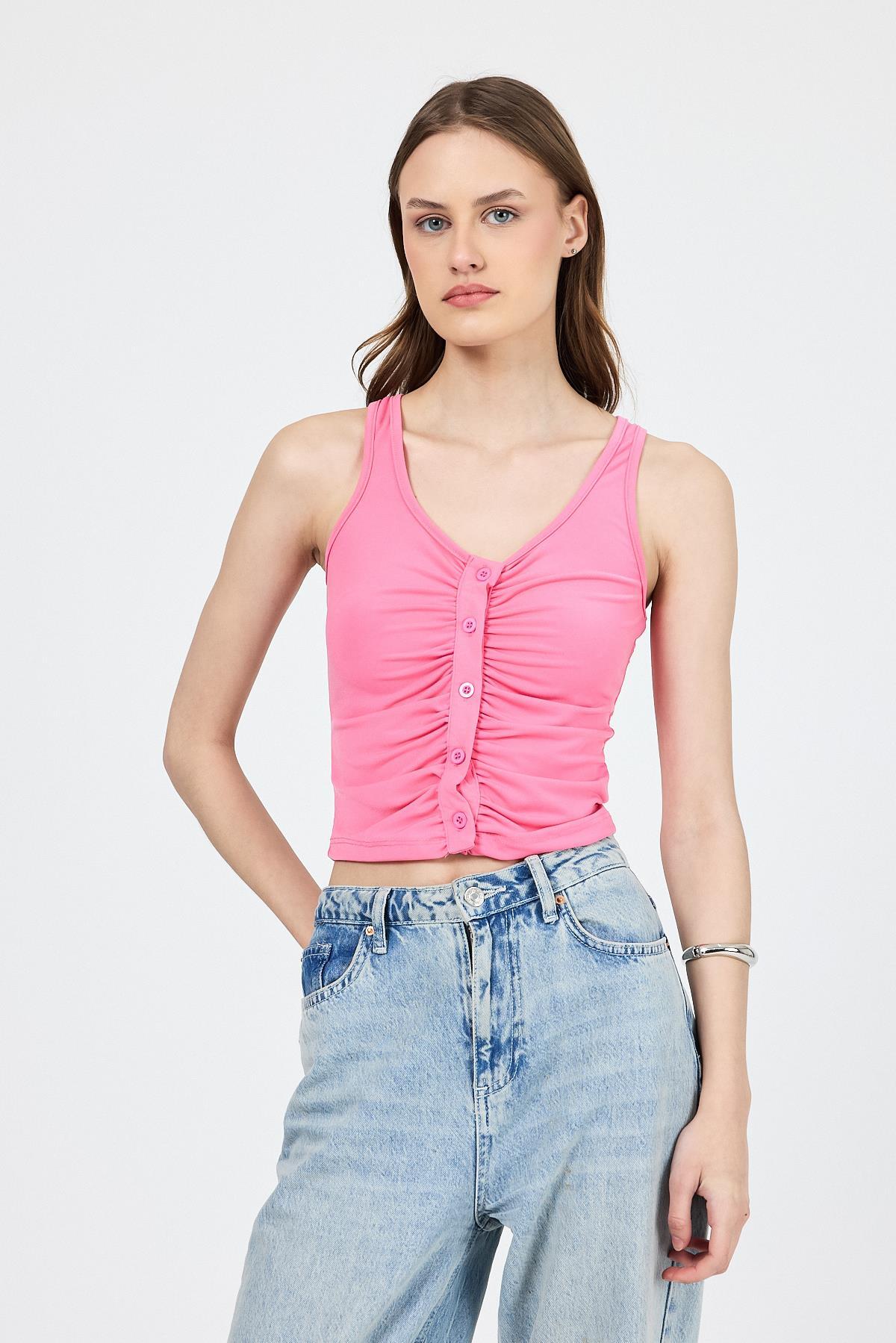 Pembe U Yaka Büzgülü Düğmeli Atlet 13298 - 8