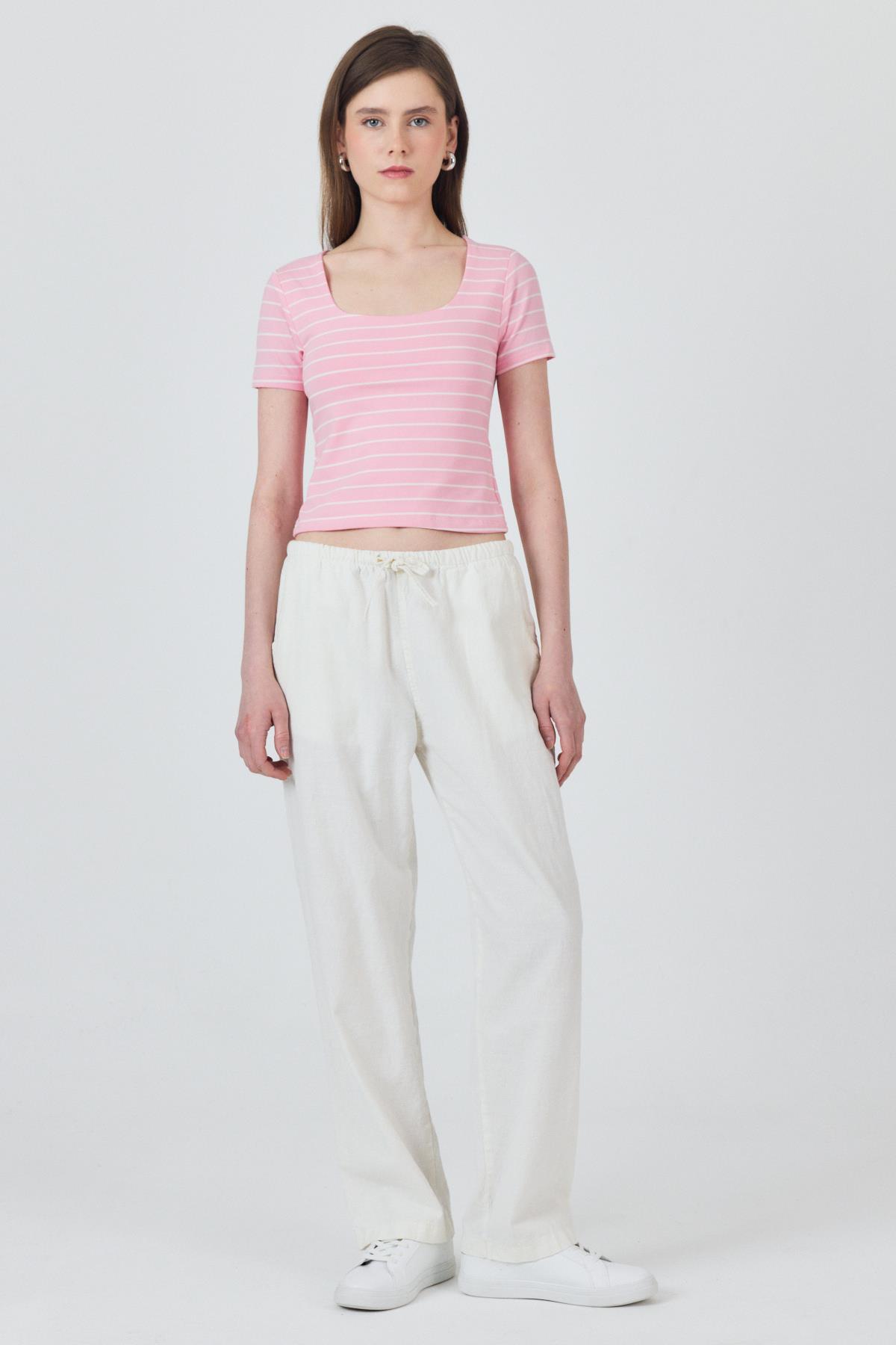 Pembe U Yaka Çizgili Tişört 4016 - 7