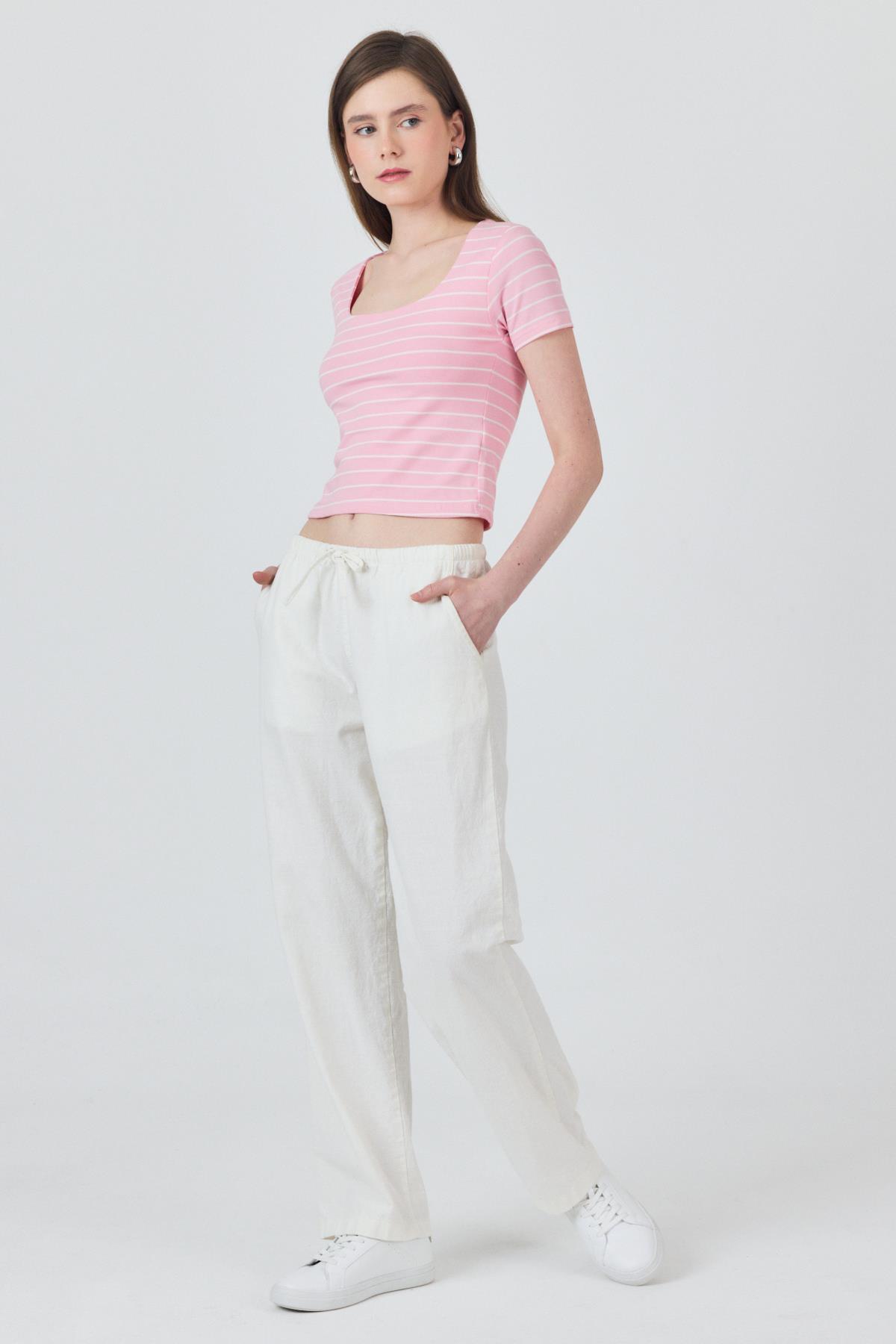 Pembe U Yaka Çizgili Tişört 4016 - 6