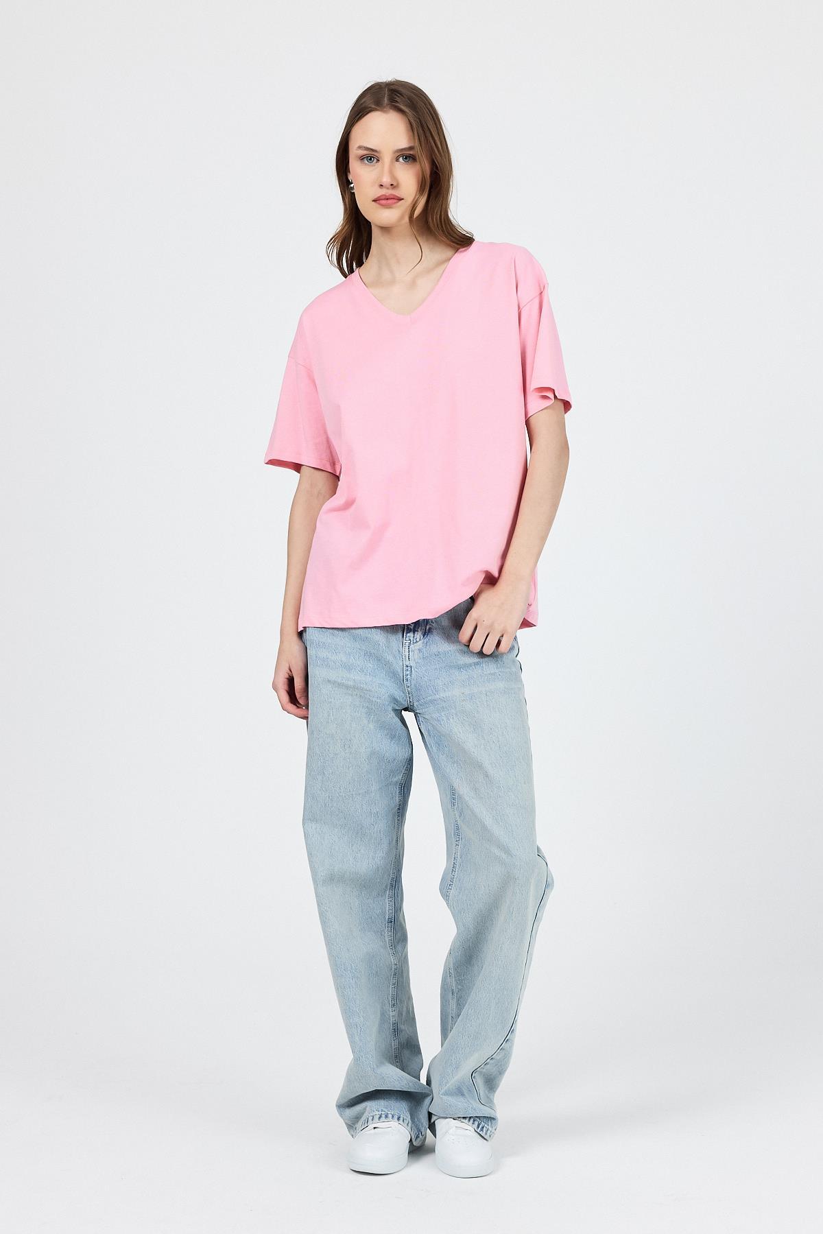 Pembe V Yaka %100 Pamuk Comfort Fit Tişört 2143M - 2