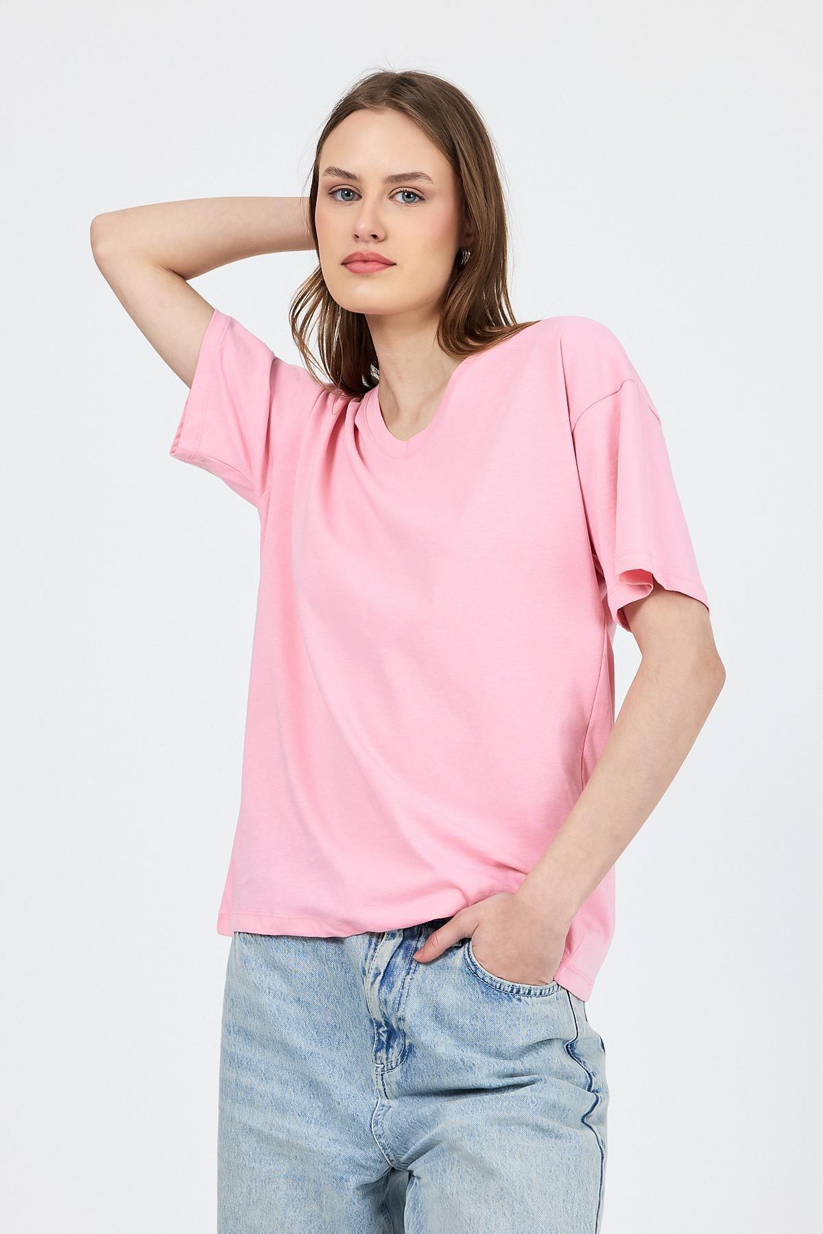 Pembe V Yaka %100 Pamuk Comfort Fit Tişört 2143M - 7