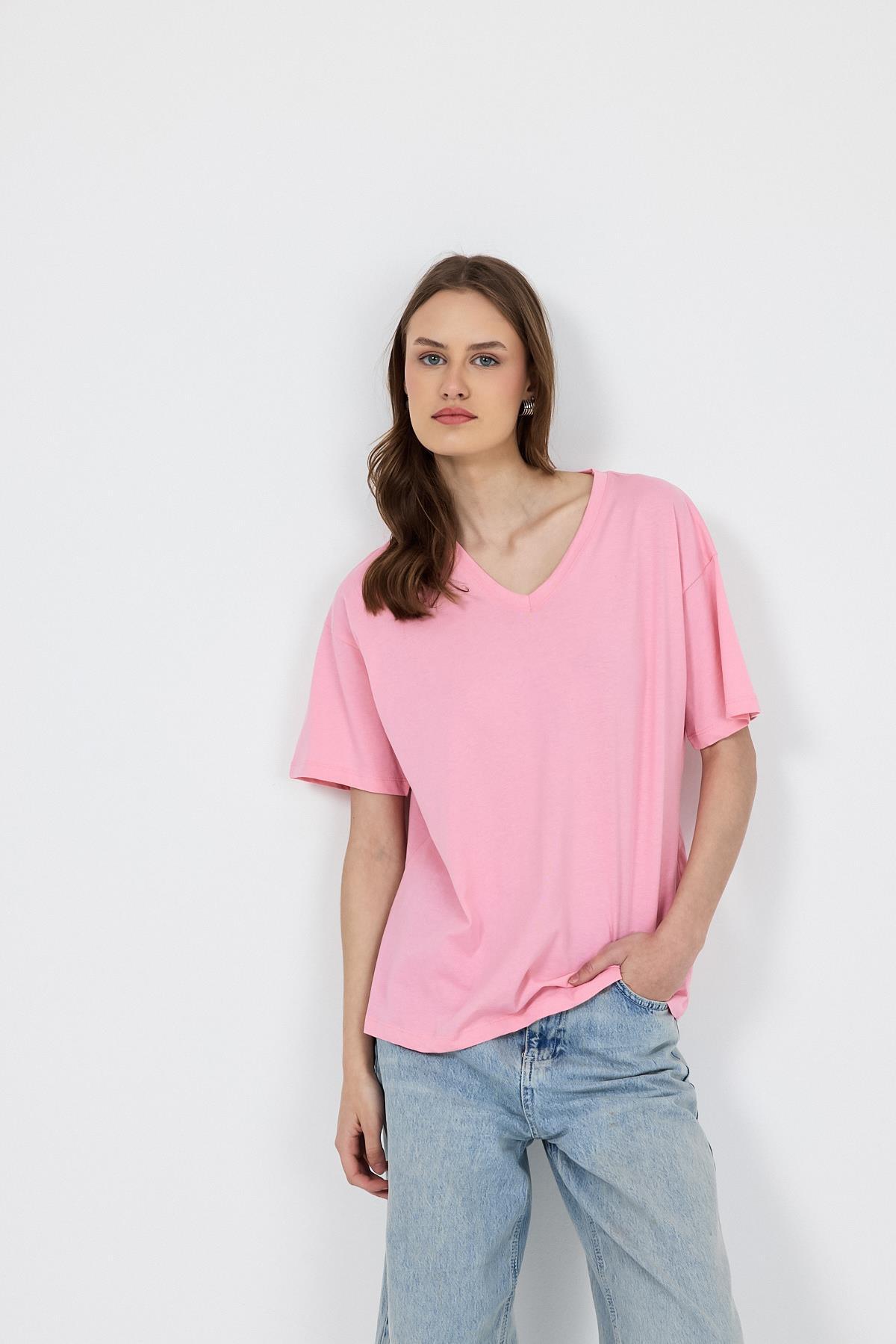 Pembe V Yaka %100 Pamuk Comfort Fit Tişört 2143M - 6