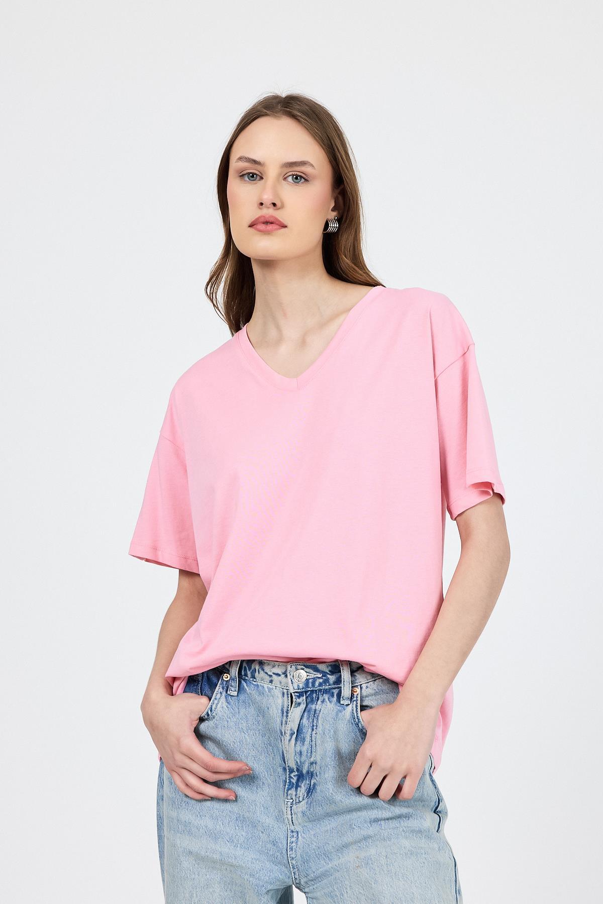 Pembe V Yaka %100 Pamuk Comfort Fit Tişört 2143M - 1