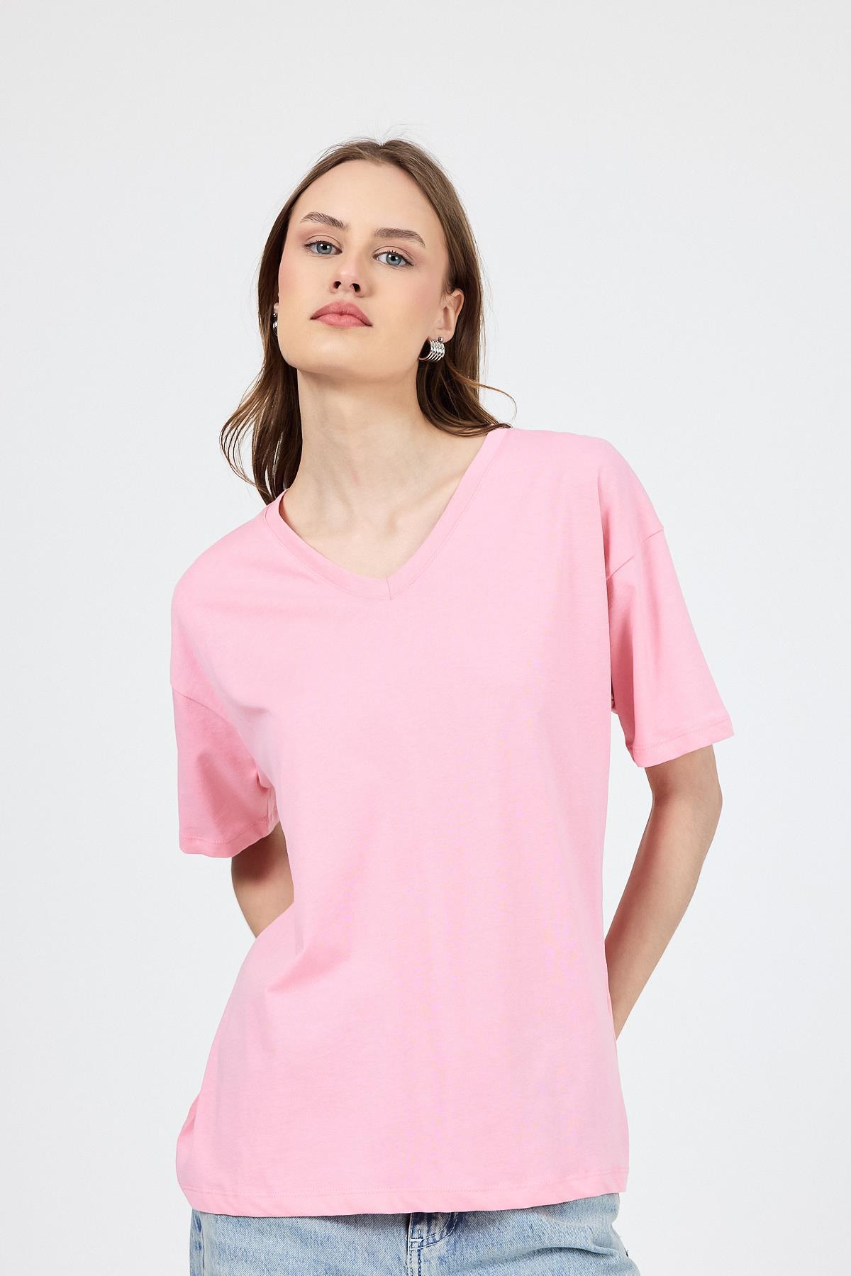 Pembe V Yaka %100 Pamuk Comfort Fit Tişört 2143M - 3