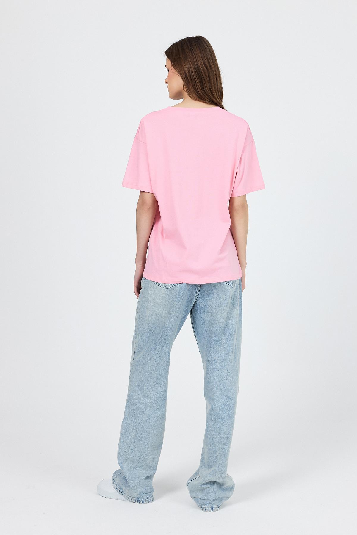 Pembe V Yaka %100 Pamuk Comfort Fit Tişört 2143M - 5