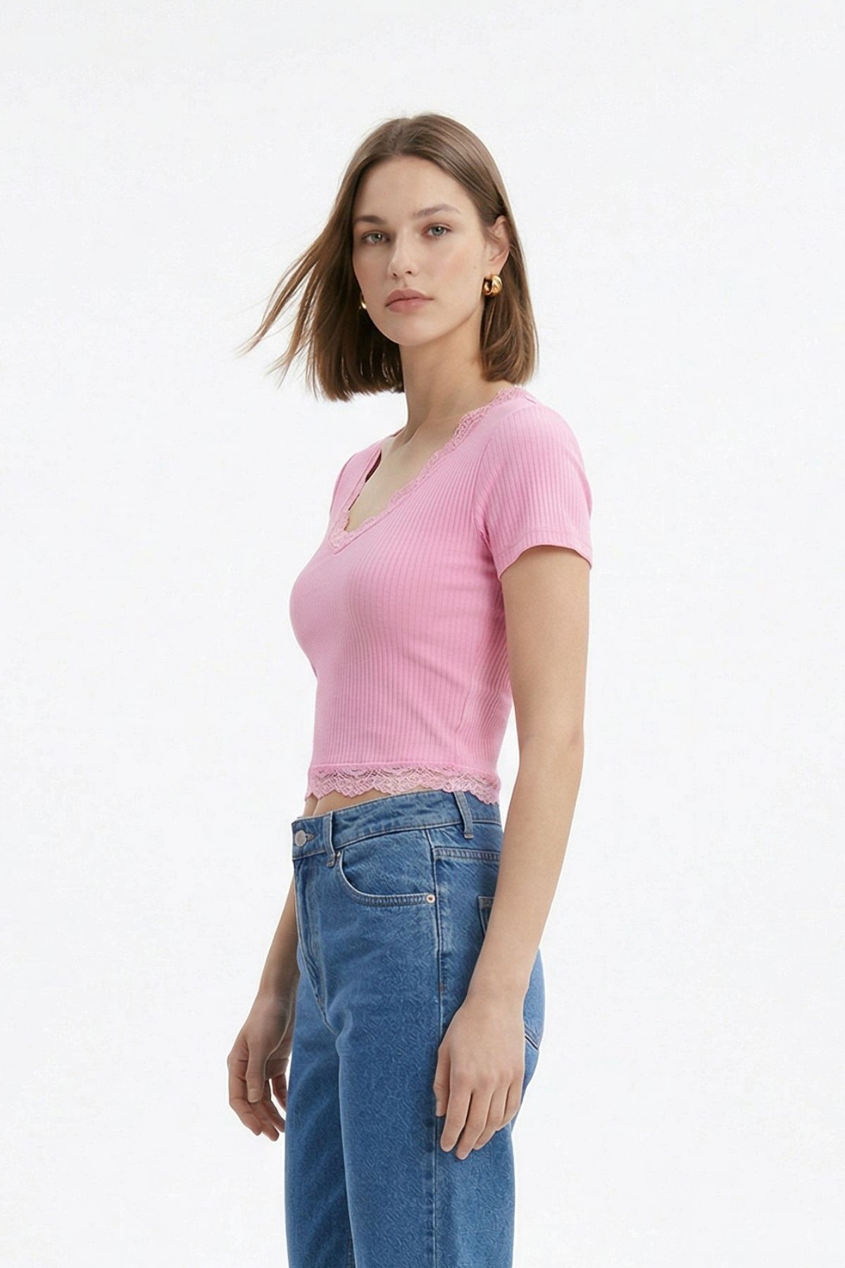 Pembe V Yaka Dantelli Bluz 2304 