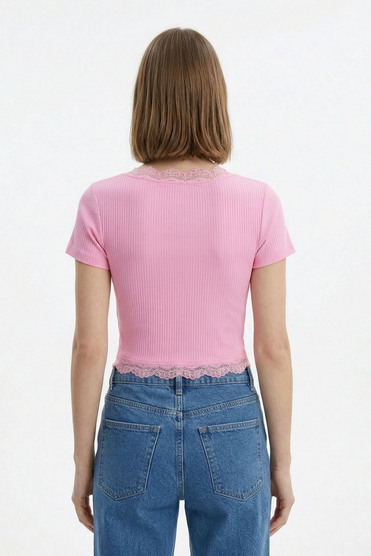 Pembe V Yaka Dantelli Bluz 2304 - 3