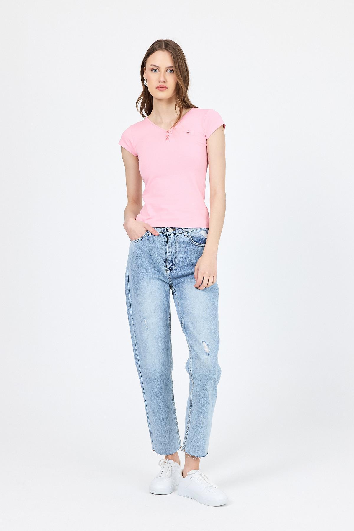 Pembe V Yaka Düğmeli Cep Detaylı Slim Fit Tişört 2213 - 2
