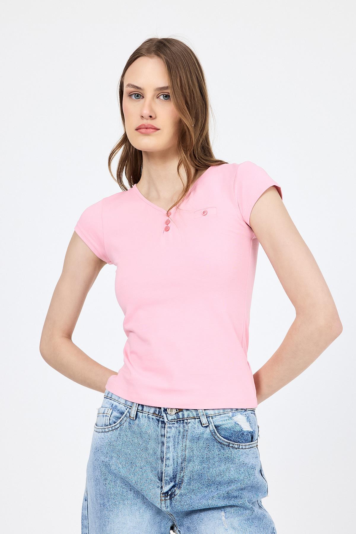 Pembe V Yaka Düğmeli Cep Detaylı Slim Fit Tişört 2213 - 1