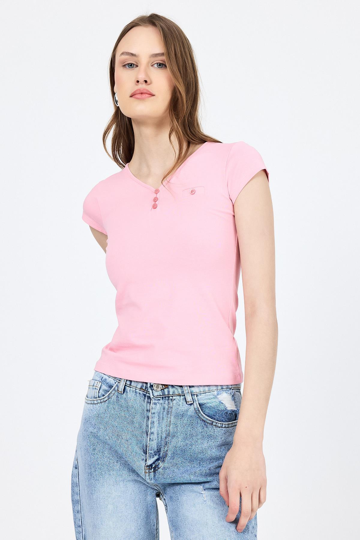 Pembe V Yaka Düğmeli Cep Detaylı Slim Fit Tişört 2213 - 3