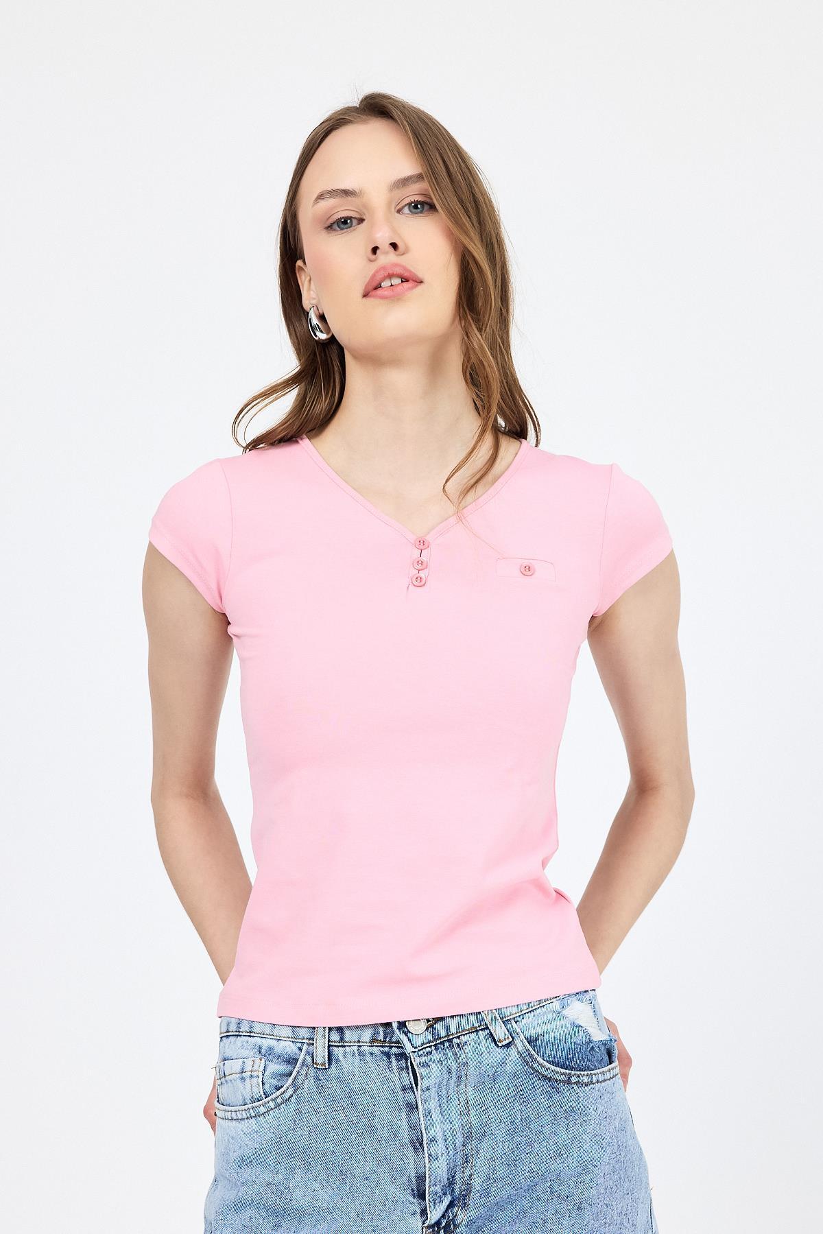 Pembe V Yaka Düğmeli Cep Detaylı Slim Fit Tişört 2213 - 6