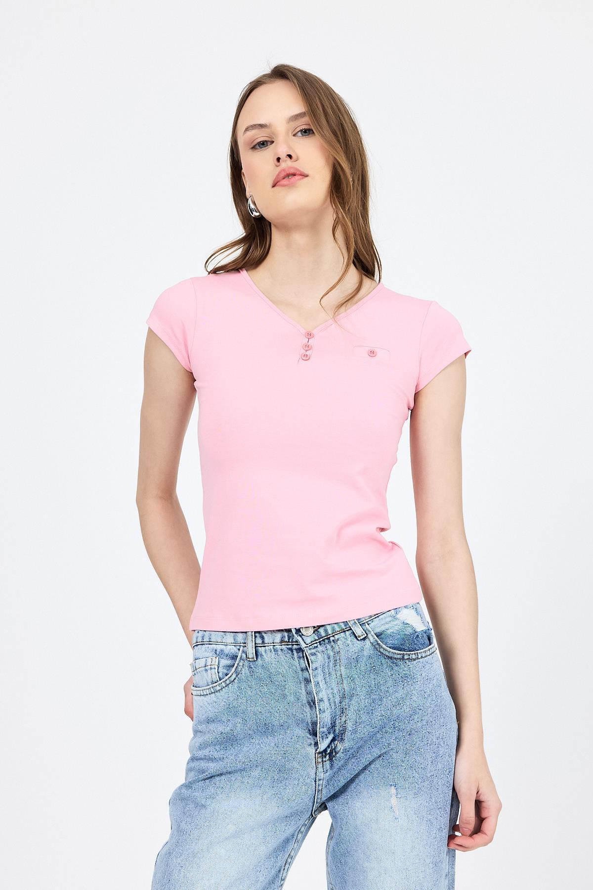 Pembe V Yaka Düğmeli Cep Detaylı Slim Fit Tişört 2213 - 7