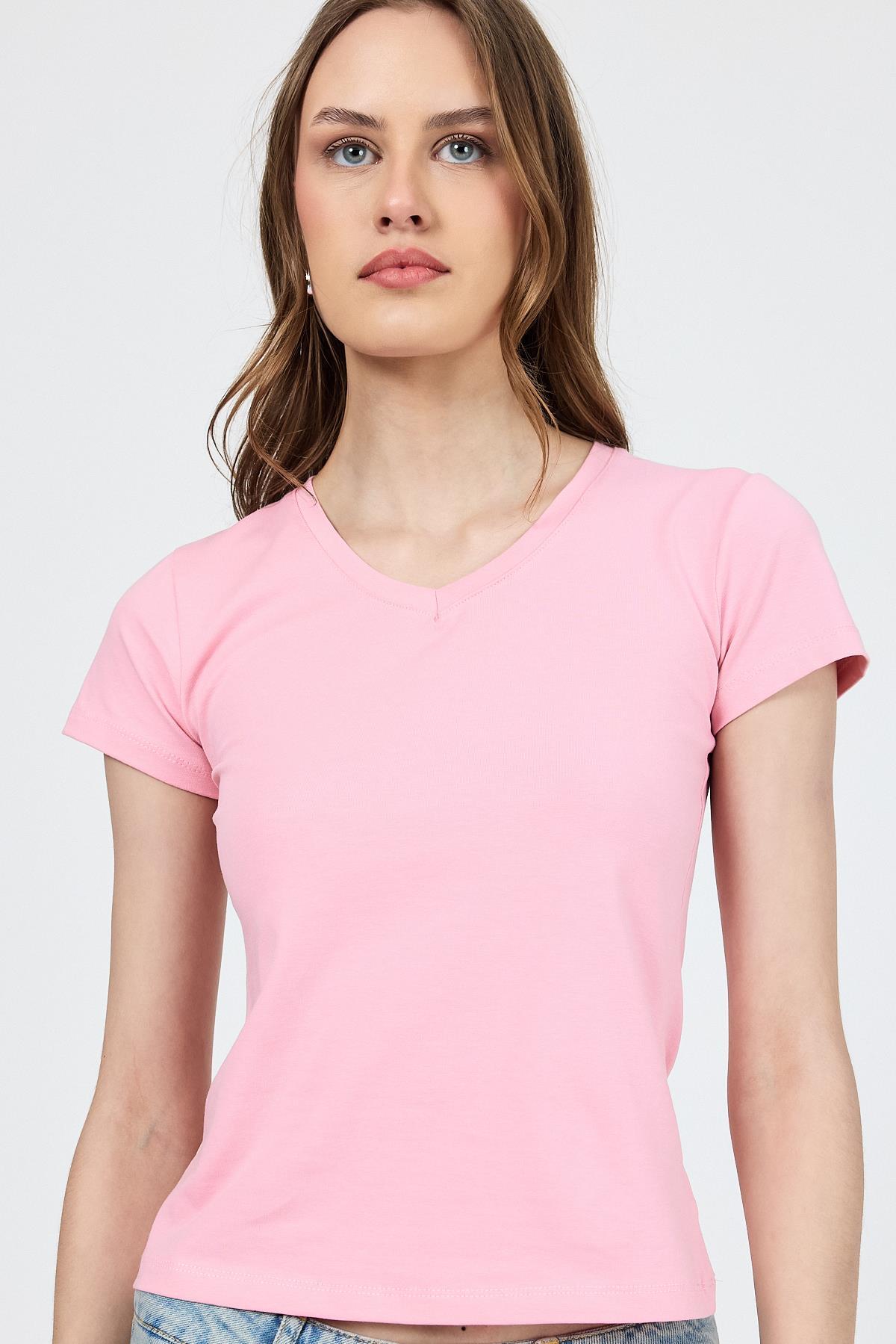 Pembe V Yaka Slim Fit Tişört 2215 - 3
