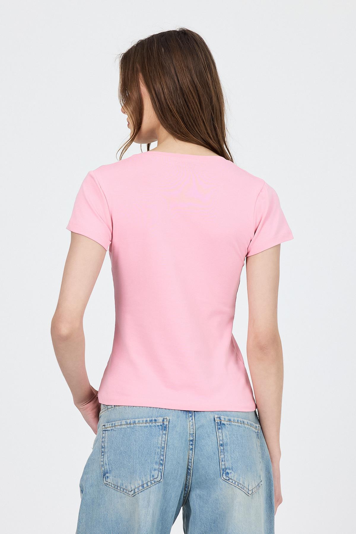Pembe V Yaka Slim Fit Tişört 2215 - 5