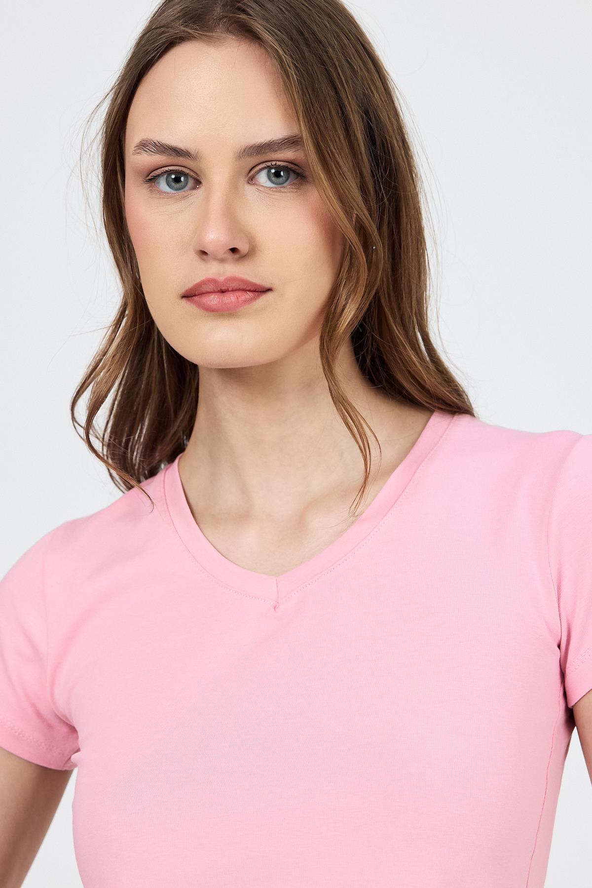 Pembe V Yaka Slim Fit Tişört 2215 - 4