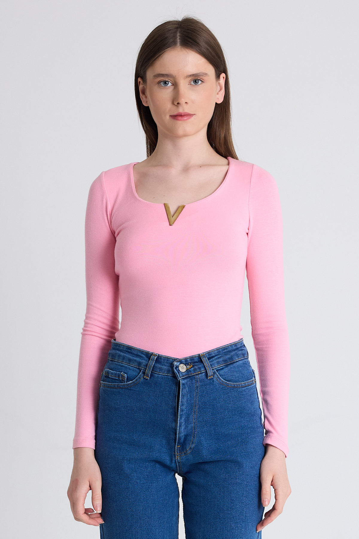 Pembe Viskoz/Yumuşak Kumaş Aksesuarlı Parmak Geçme Detaylı Bluz 1476 - 2