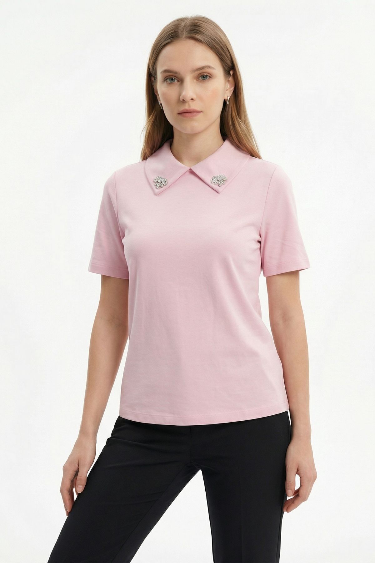 Pembe Yaka Taşlı Kısa Kollu Tişört 6294 - 2