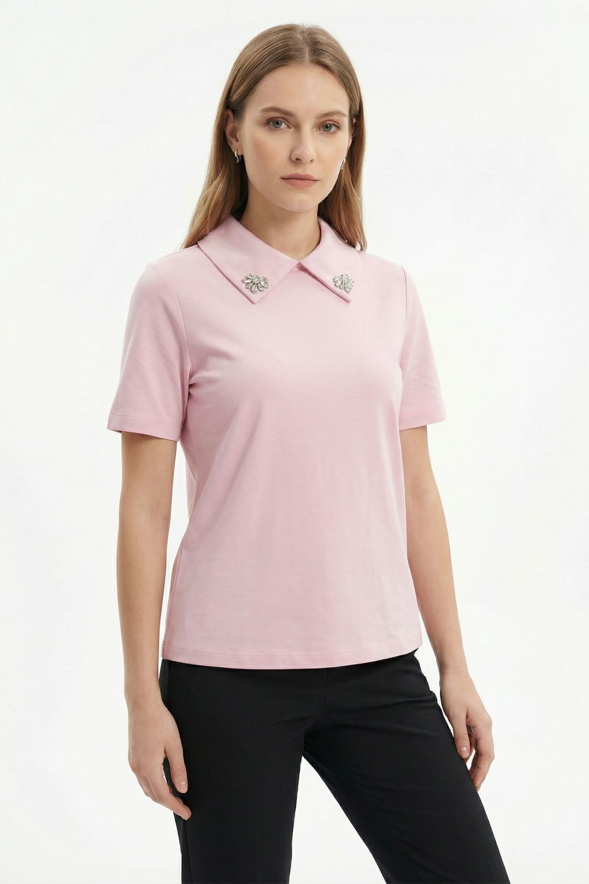 Pembe Yaka Taşlı Kısa Kollu Tişört 6294 - RAYS