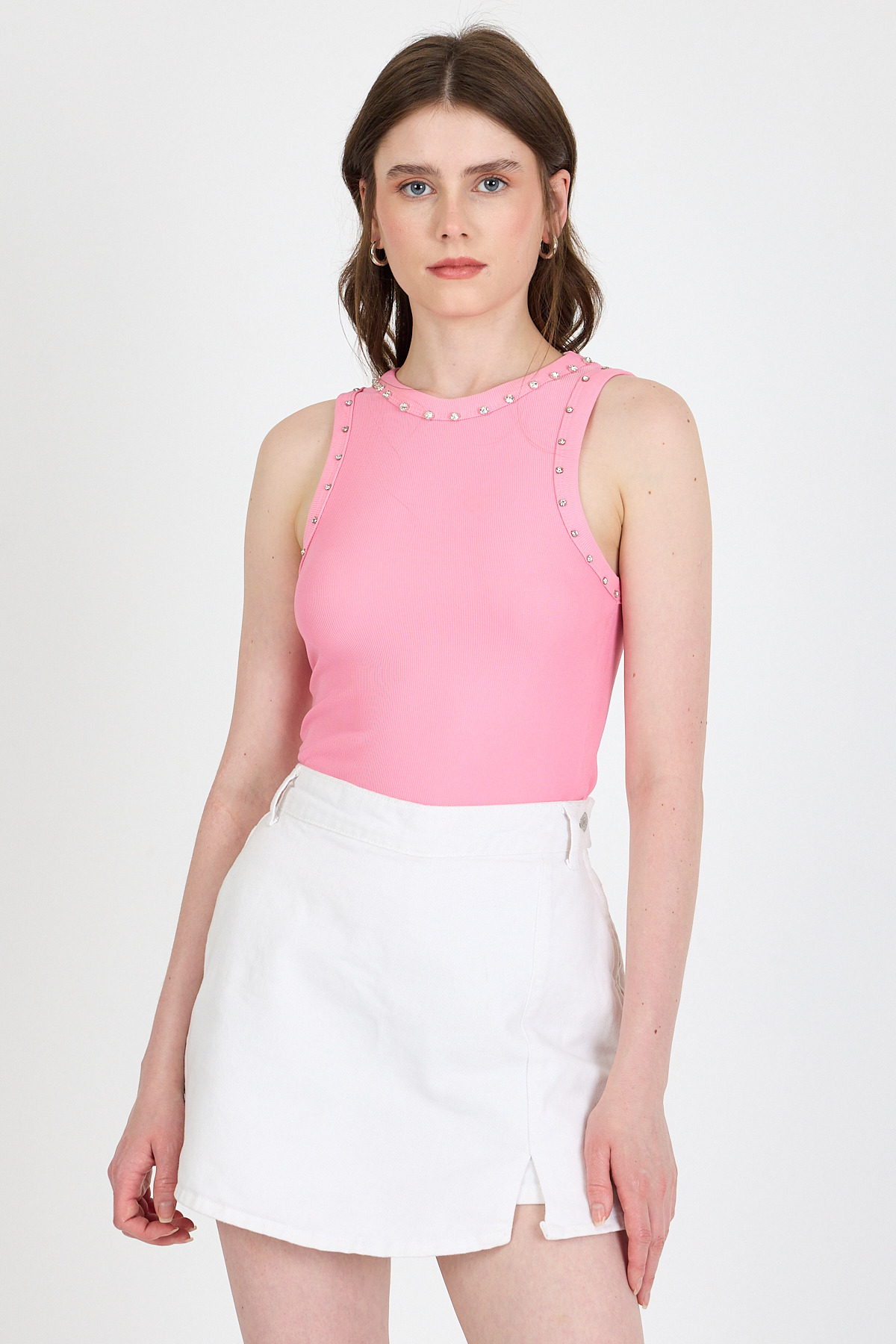 Pembe Yaka Ve Omuz Taş Detaylı Ribanalı Örme Atlet 1249 - RAYS