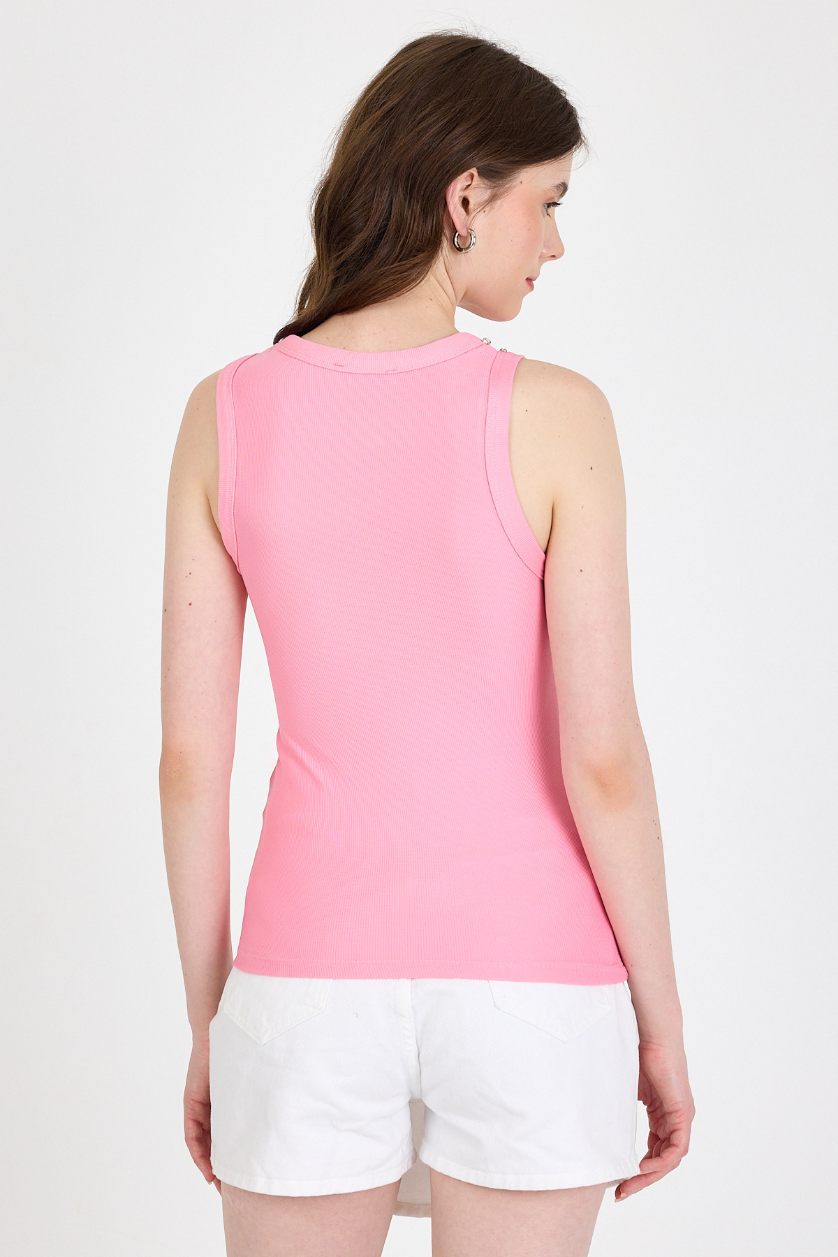 Pembe Yaka Ve Omuz Taş Detaylı Ribanalı Örme Atlet 1249 - 5