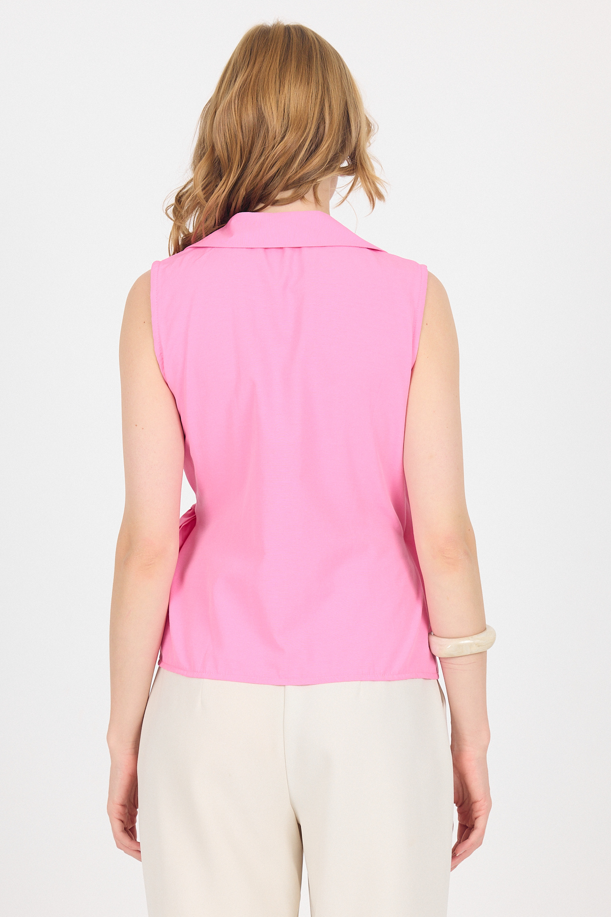 Pembe Yan Bağlama Detaylı Kolsuz Kruvaze Bluz 8047 - 5